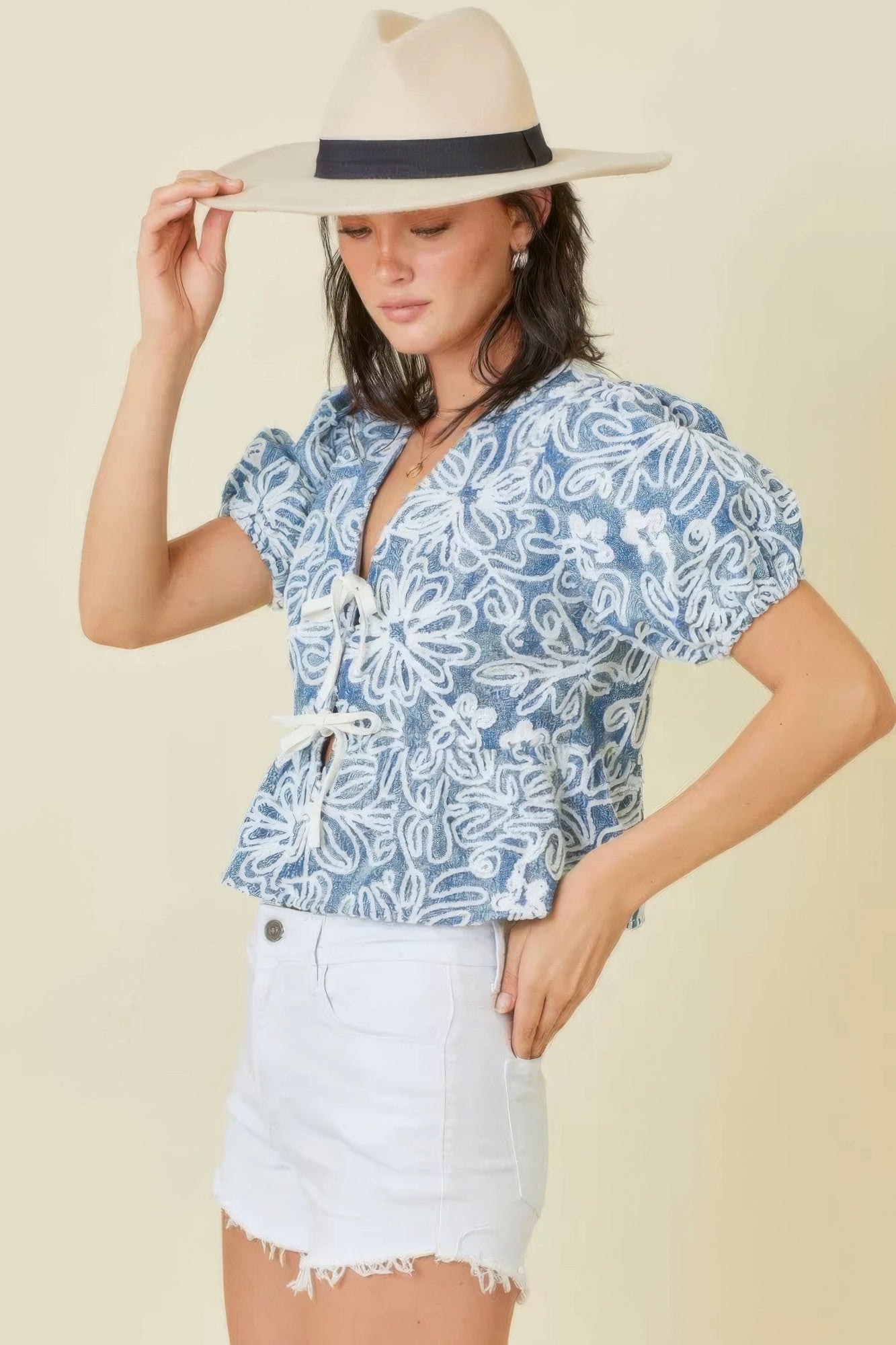 Denim Embroidered Crop Top With Front Tie Detail-[Adult]-[Female]-2022 Online Blue Zone Planet