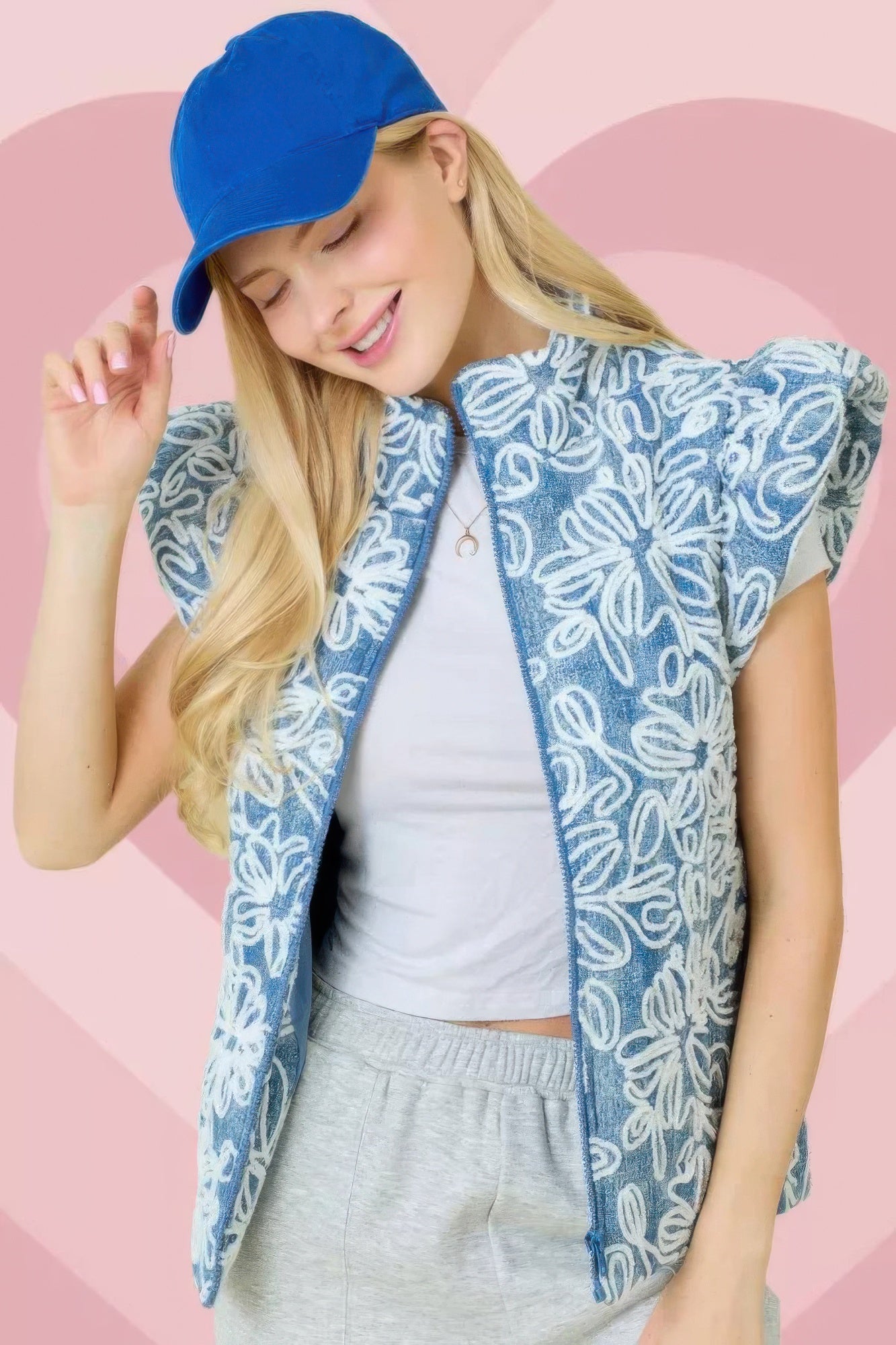 Blue Zone Planet | Floral Velvet Embroidered Denim Puffer Vest-[Adult]-[Female]-Denim/White-S-2022 Online Blue Zone Planet