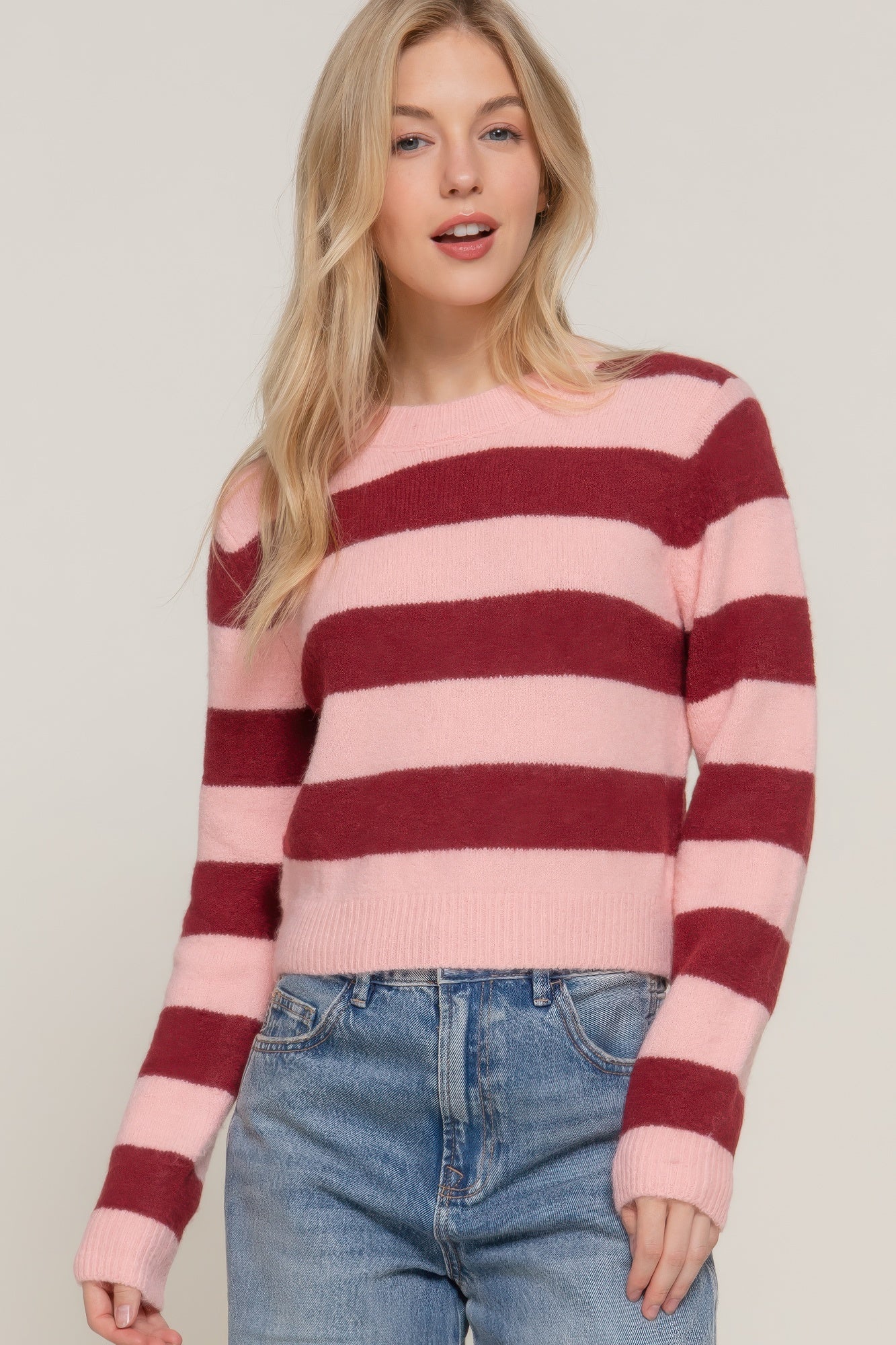 Blue Zone Planet | Long Slv Crew Neck Stripe Sweater-[Adult]-[Female]-Burgundy/Pink-S-2022 Online Blue Zone Planet