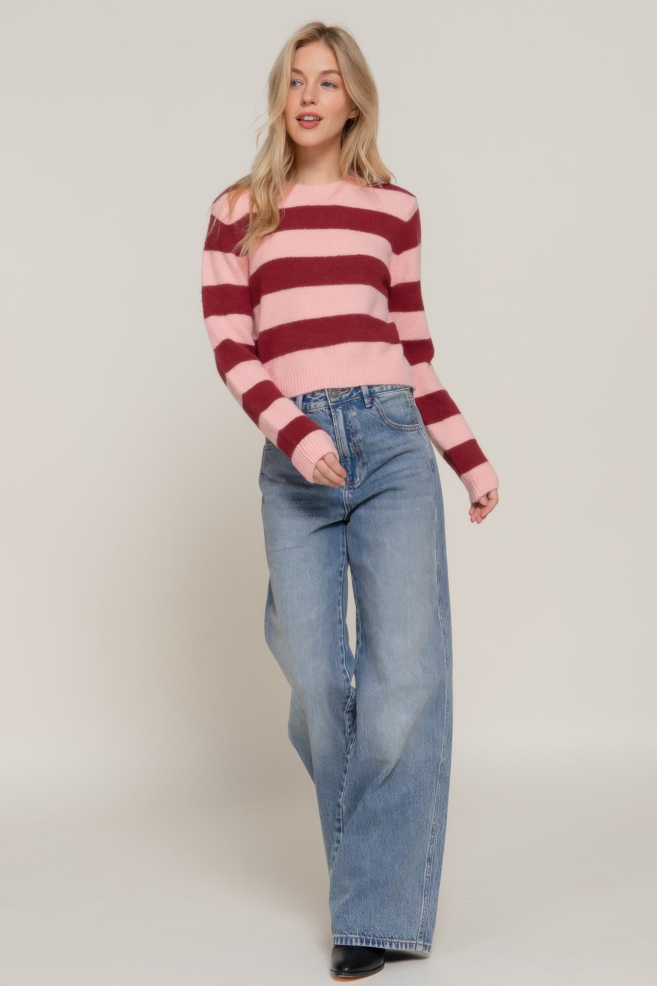 Blue Zone Planet | Long Slv Crew Neck Stripe Sweater-[Adult]-[Female]-2022 Online Blue Zone Planet