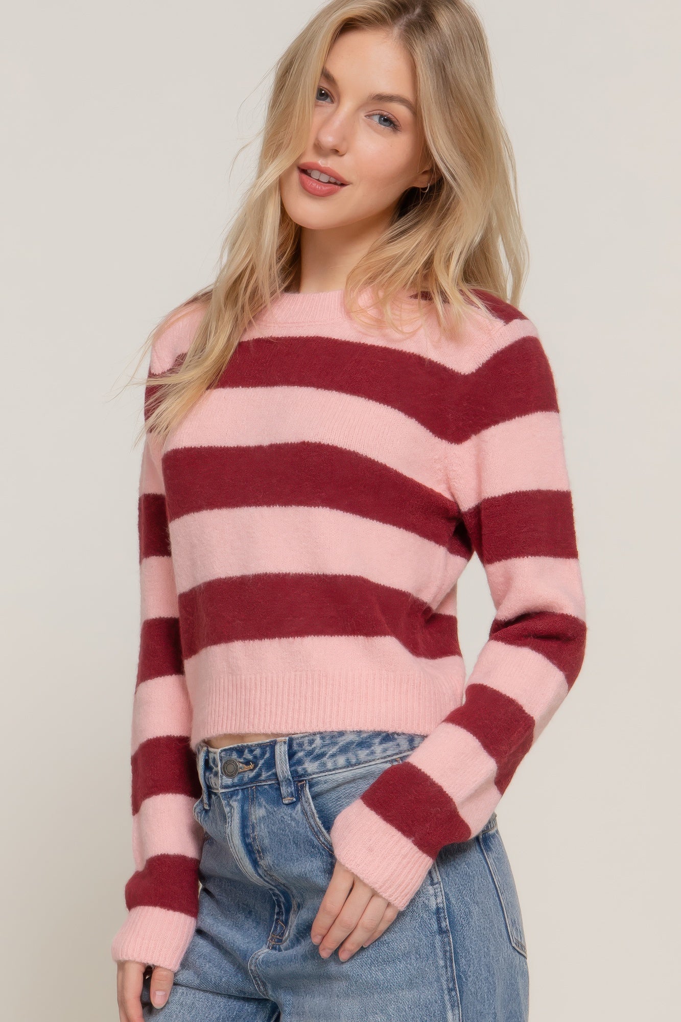 Blue Zone Planet | Long Slv Crew Neck Stripe Sweater-[Adult]-[Female]-2022 Online Blue Zone Planet