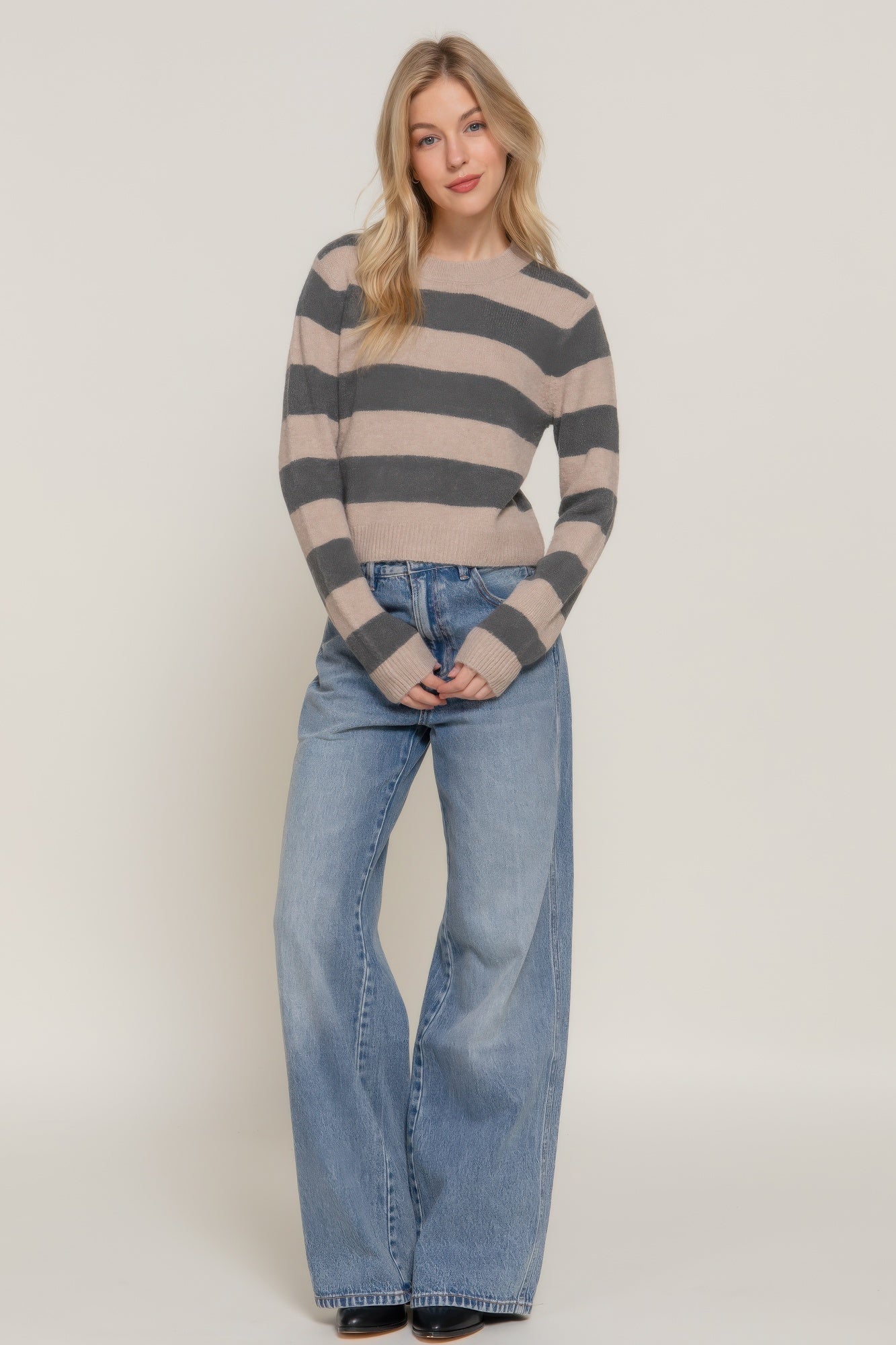 Blue Zone Planet | Long Slv Crew Neck Stripe Sweater-[Adult]-[Female]-2022 Online Blue Zone Planet