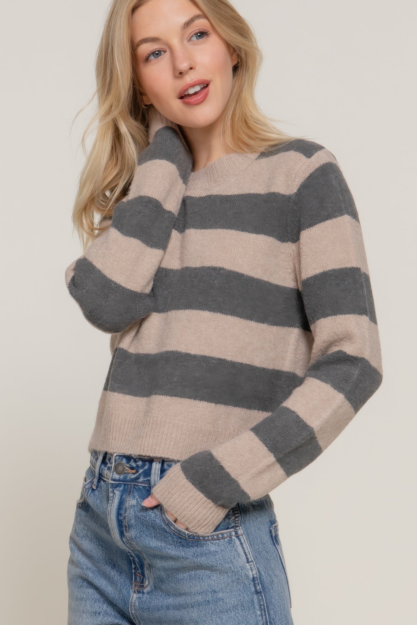 Blue Zone Planet | Long Slv Crew Neck Stripe Sweater-[Adult]-[Female]-2022 Online Blue Zone Planet