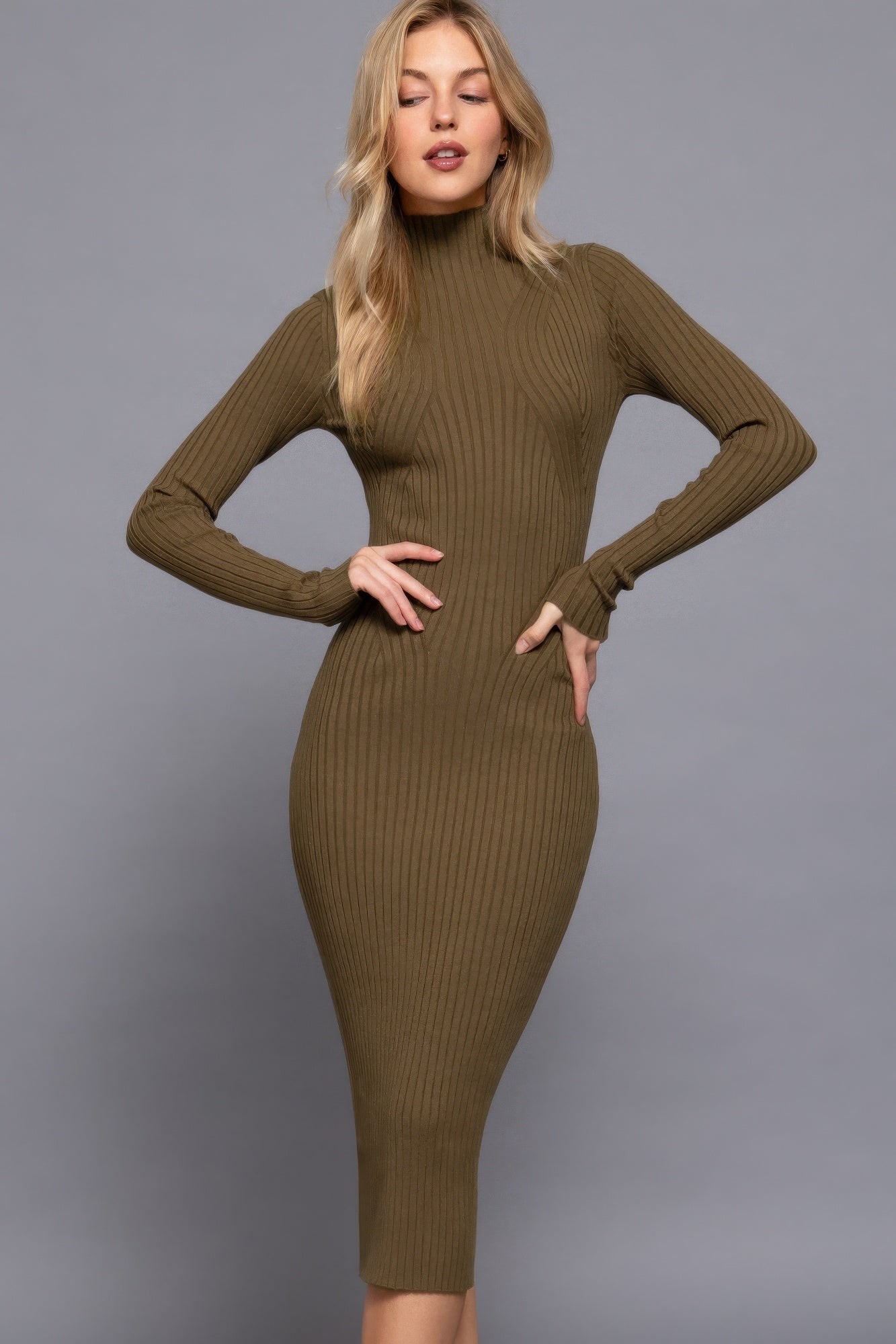 Blue Zone Planet | Long Sleeve High Neck Sweater Long Dress-TOPS / DRESSES-[Adult]-[Female]-2022 Online Blue Zone Planet