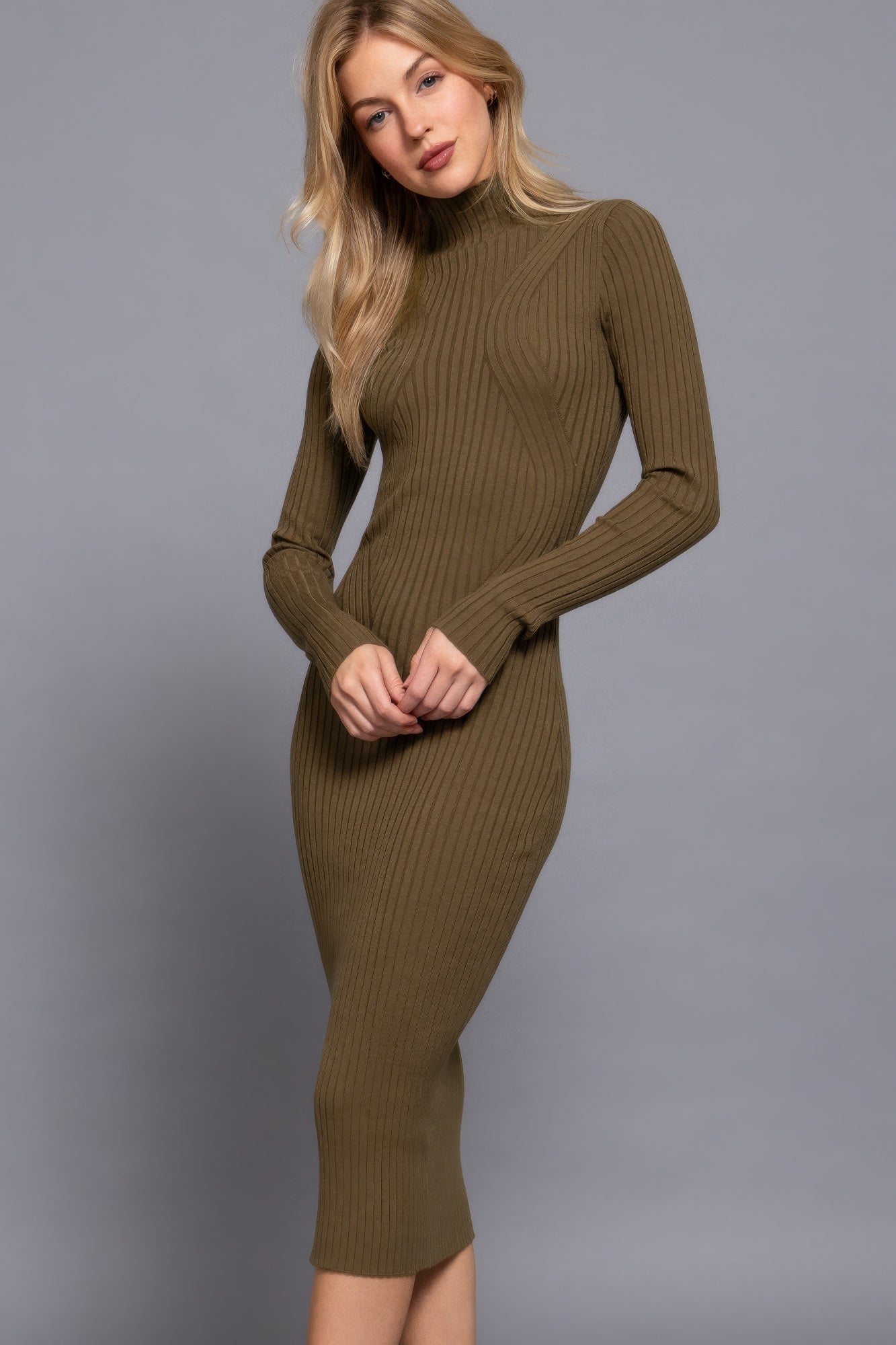 Blue Zone Planet | Long Sleeve High Neck Sweater Long Dress-TOPS / DRESSES-[Adult]-[Female]-Army Olive-S-2022 Online Blue Zone Planet