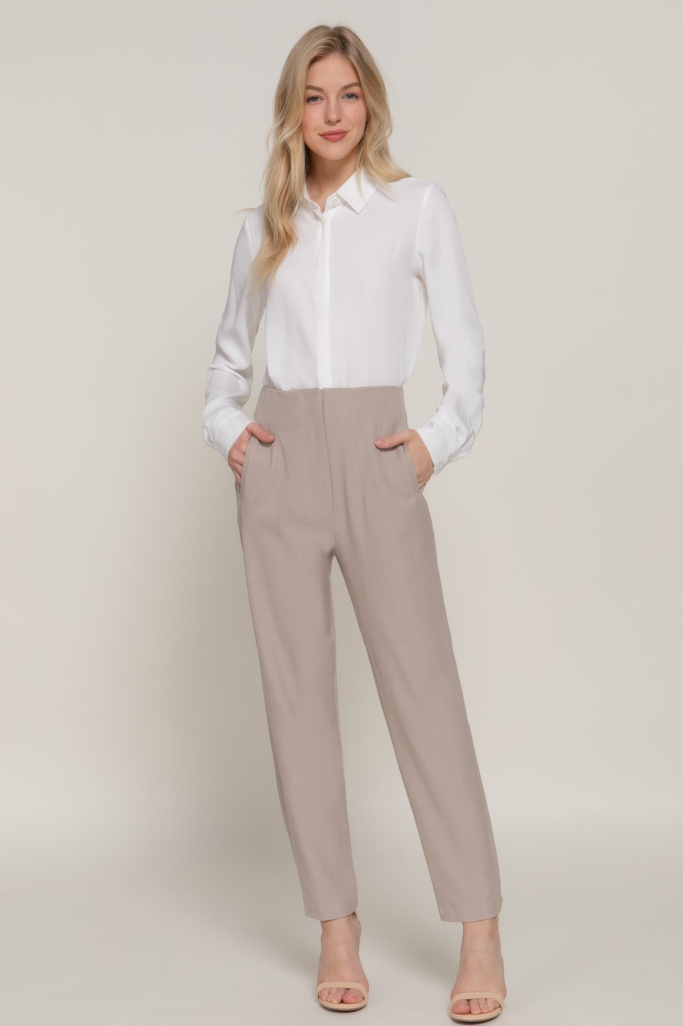 High Waist Pintuck Detail Long Pants-[Adult]-[Female]-Heather Taupe-S-2022 Online Blue Zone Planet