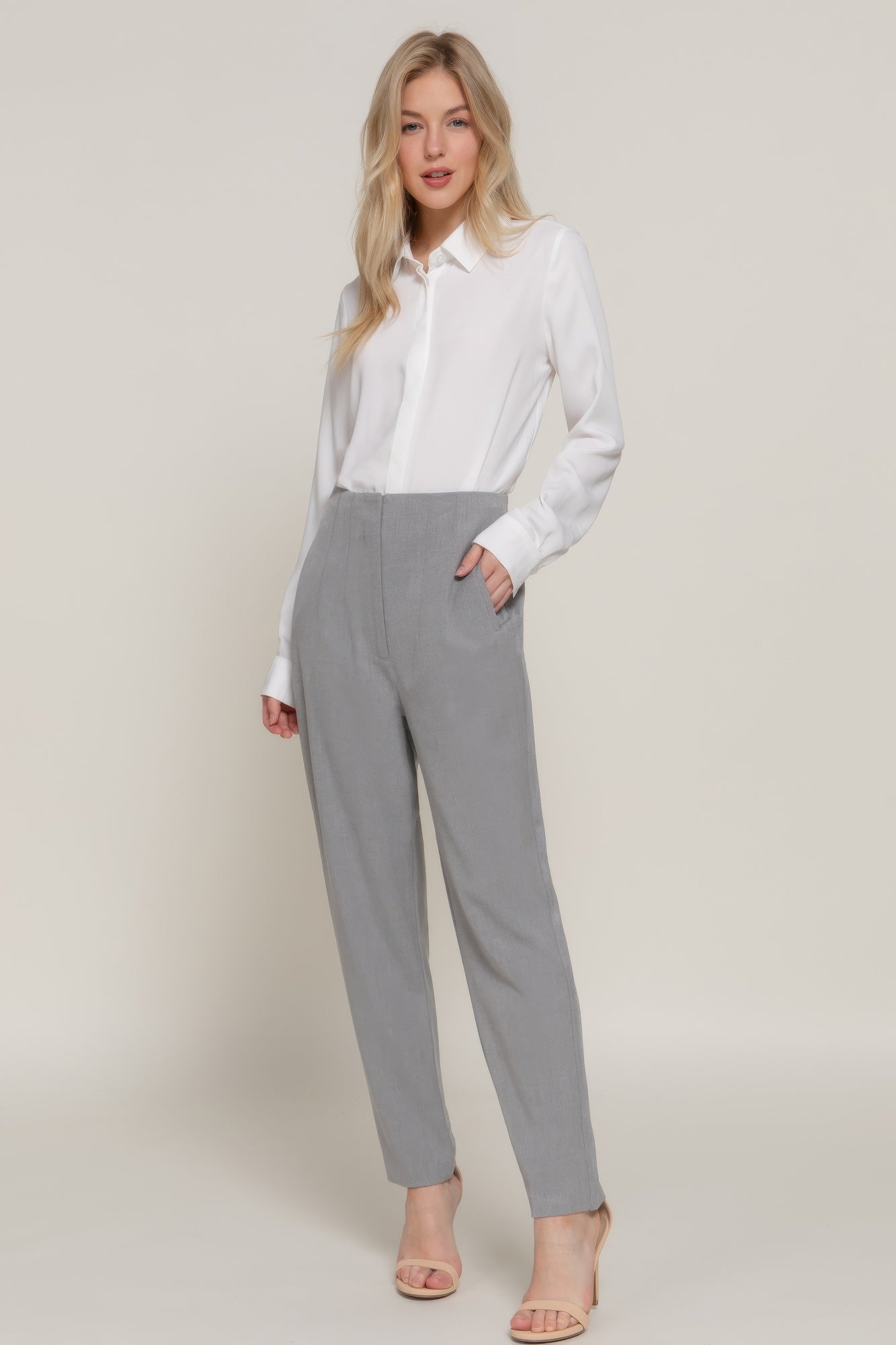 High Waist Pintuck Detail Long Pants-[Adult]-[Female]-Heather Grey-S-2022 Online Blue Zone Planet