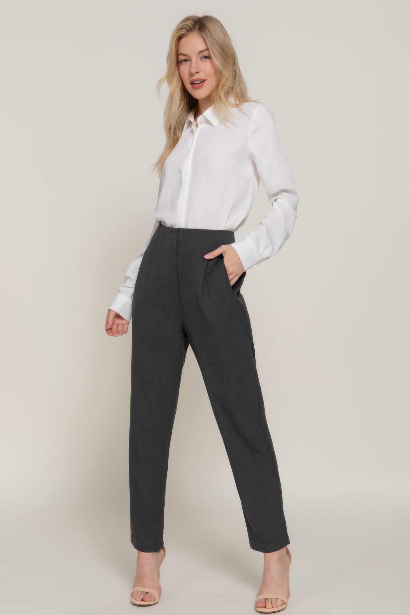 High Waist Pintuck Detail Long Pants-[Adult]-[Female]-Heather Charcoal-S-2022 Online Blue Zone Planet