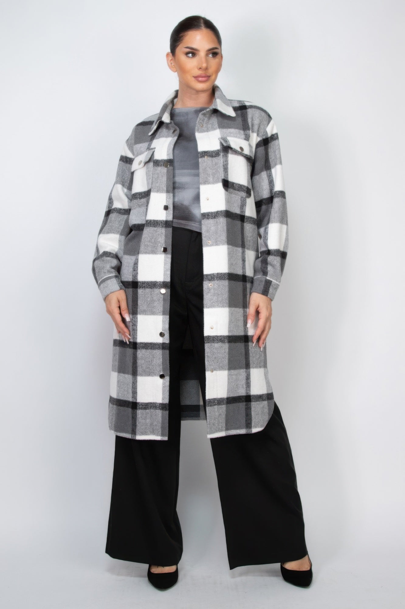 Blue Zone Planet | Plaid Buttoned Shacket Coat-[Adult]-[Female]-Black-S-2022 Online Blue Zone Planet