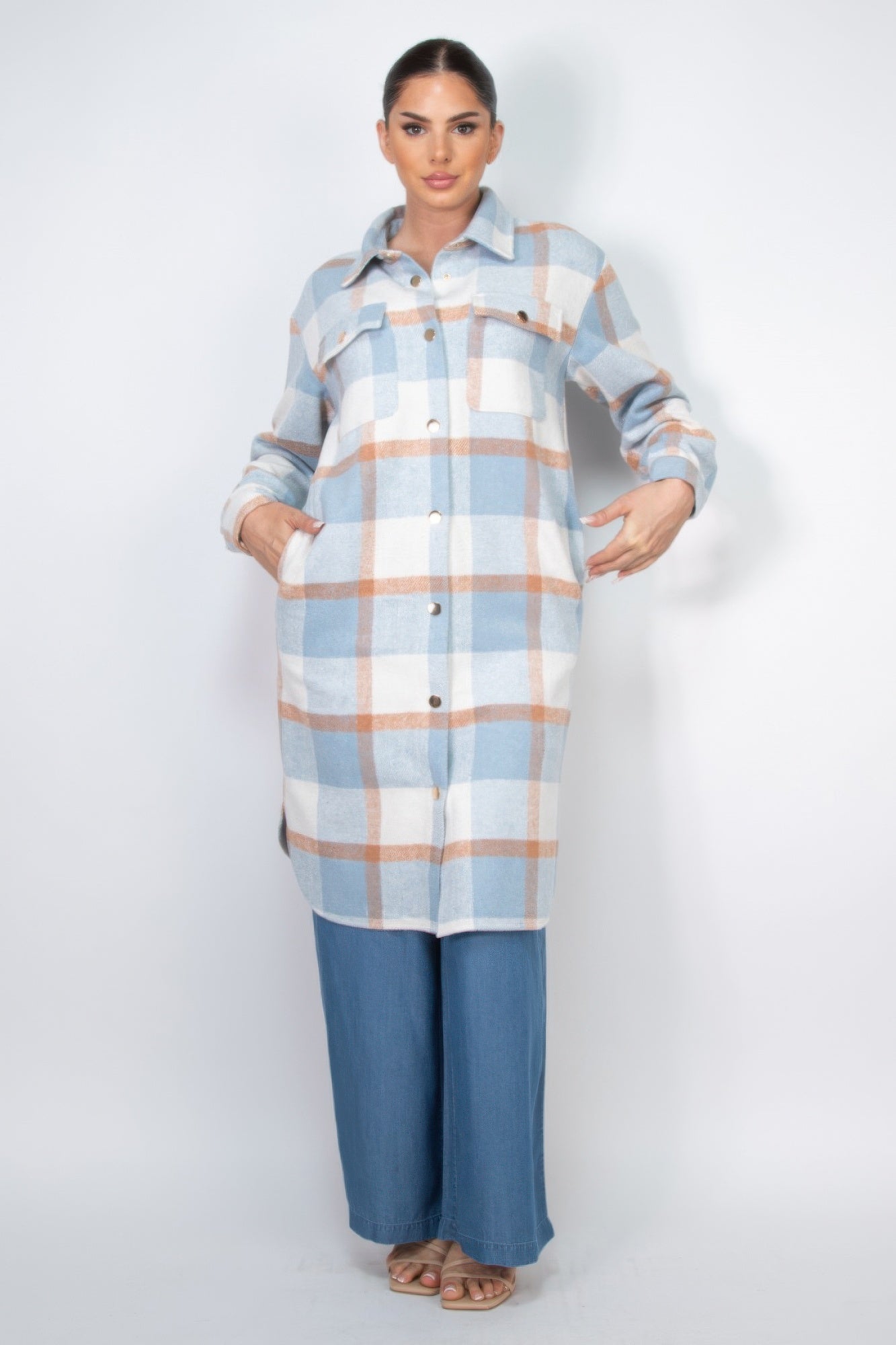 Blue Zone Planet | Plaid Buttoned Shacket Coat-[Adult]-[Female]-Blue/Camel-S-2022 Online Blue Zone Planet