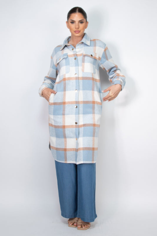 Blue Zone Planet | Plaid Buttoned Shacket Coat-[Adult]-[Female]-Blue/Camel-S-2022 Online Blue Zone Planet