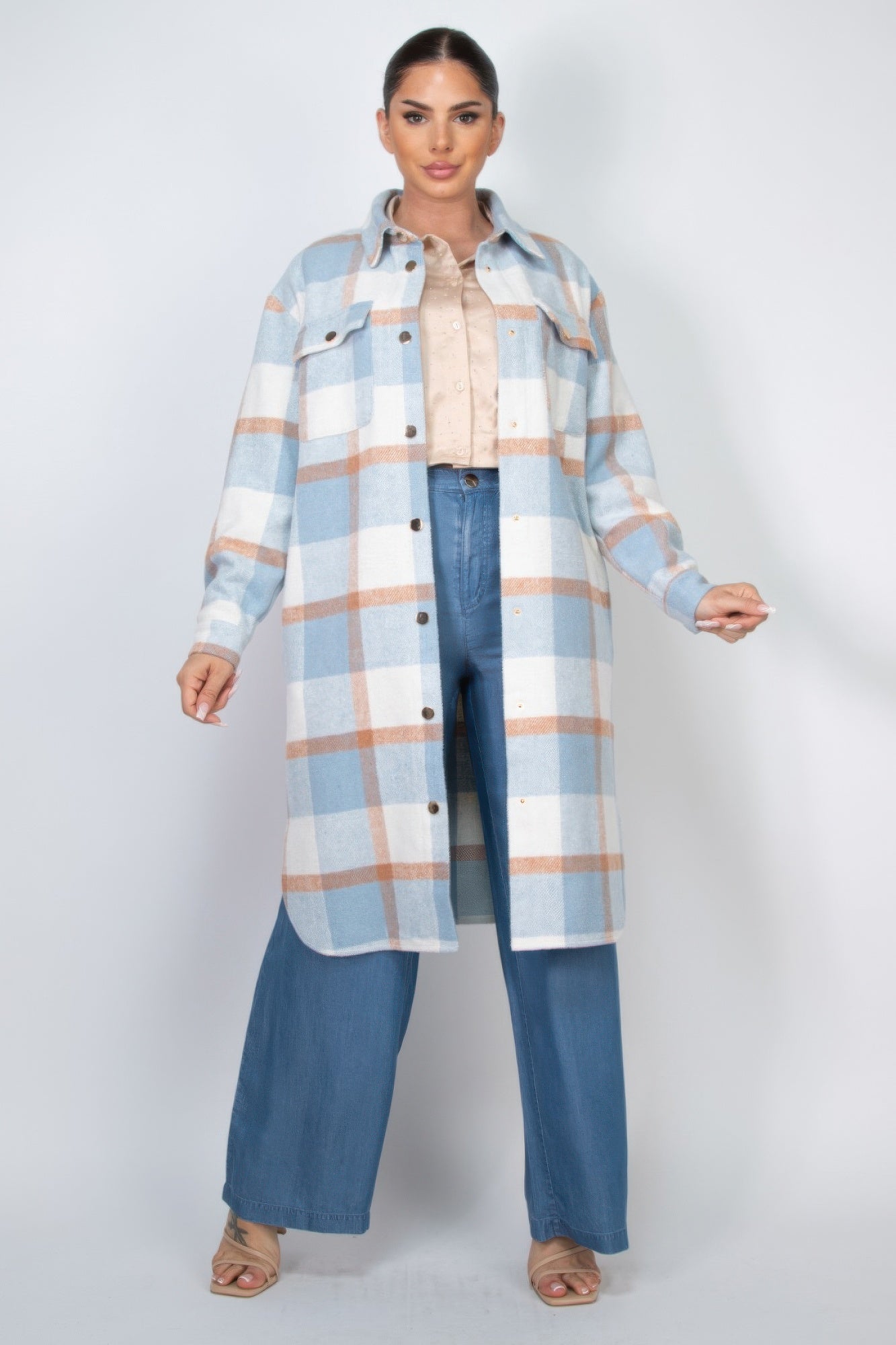 Blue Zone Planet | Plaid Buttoned Shacket Coat-[Adult]-[Female]-2022 Online Blue Zone Planet