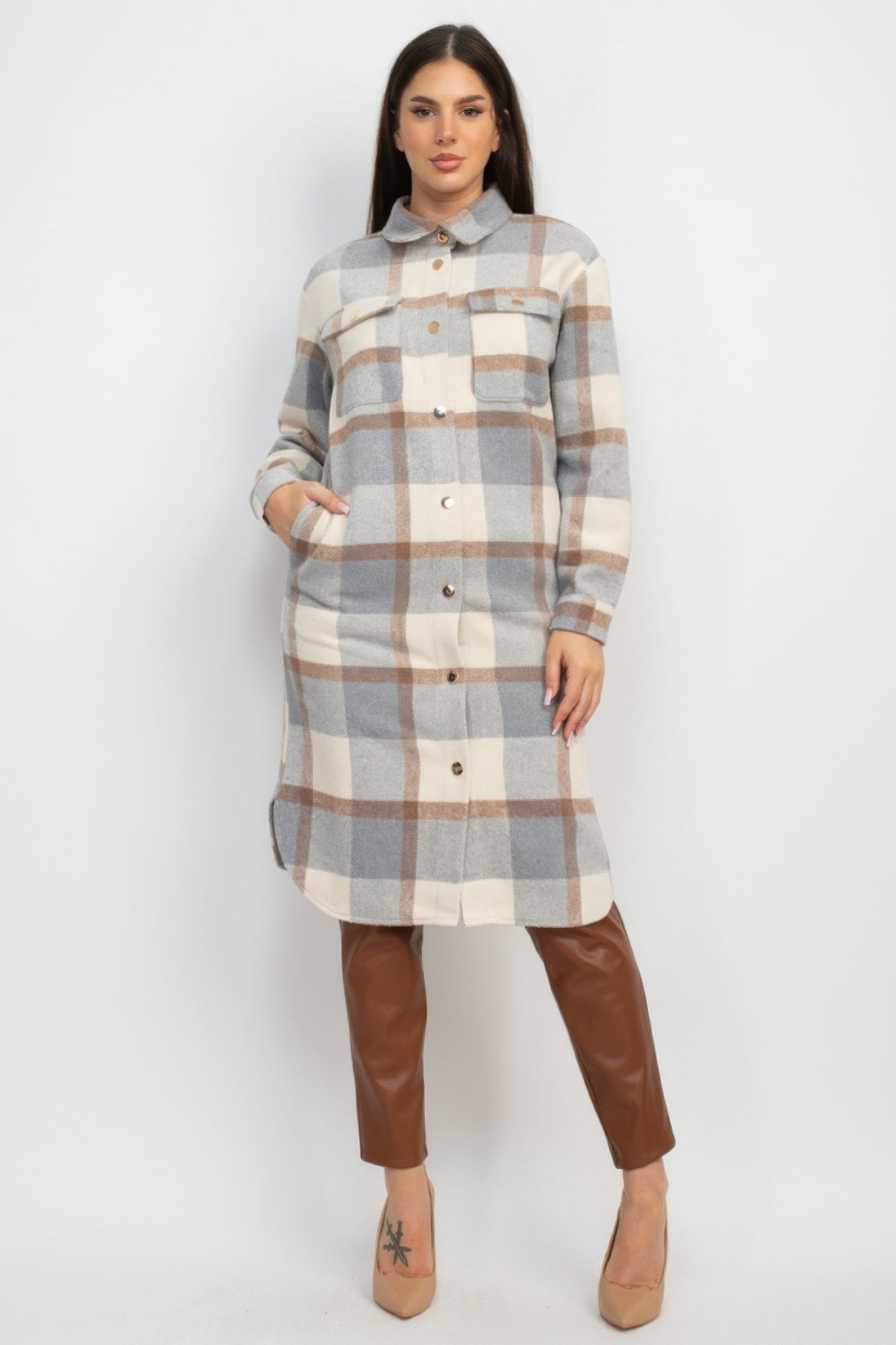 Blue Zone Planet | Plaid Buttoned Shacket Coat-[Adult]-[Female]-2022 Online Blue Zone Planet