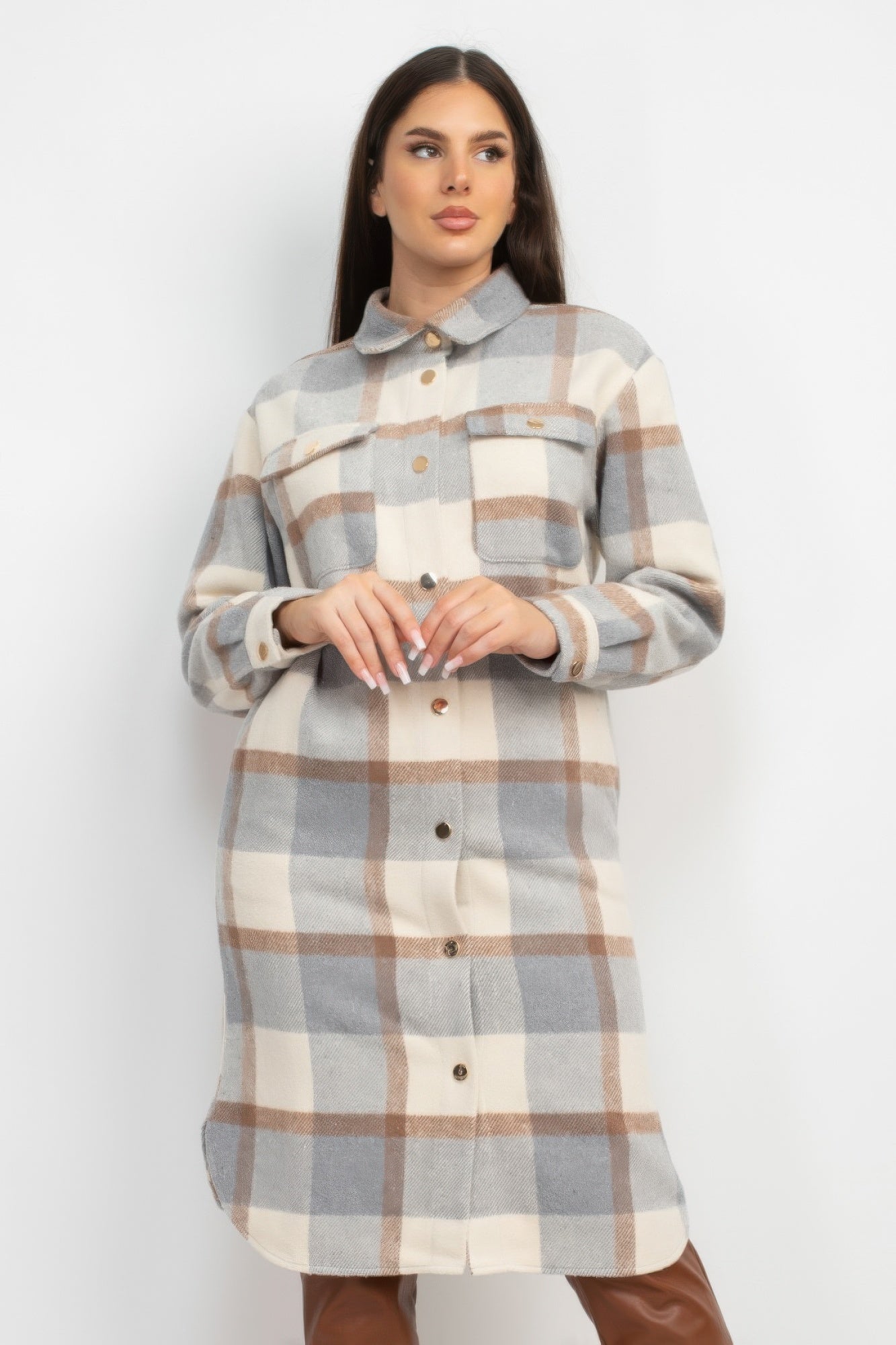 Blue Zone Planet | Plaid Buttoned Shacket Coat-[Adult]-[Female]-Cream/Grey-S-2022 Online Blue Zone Planet