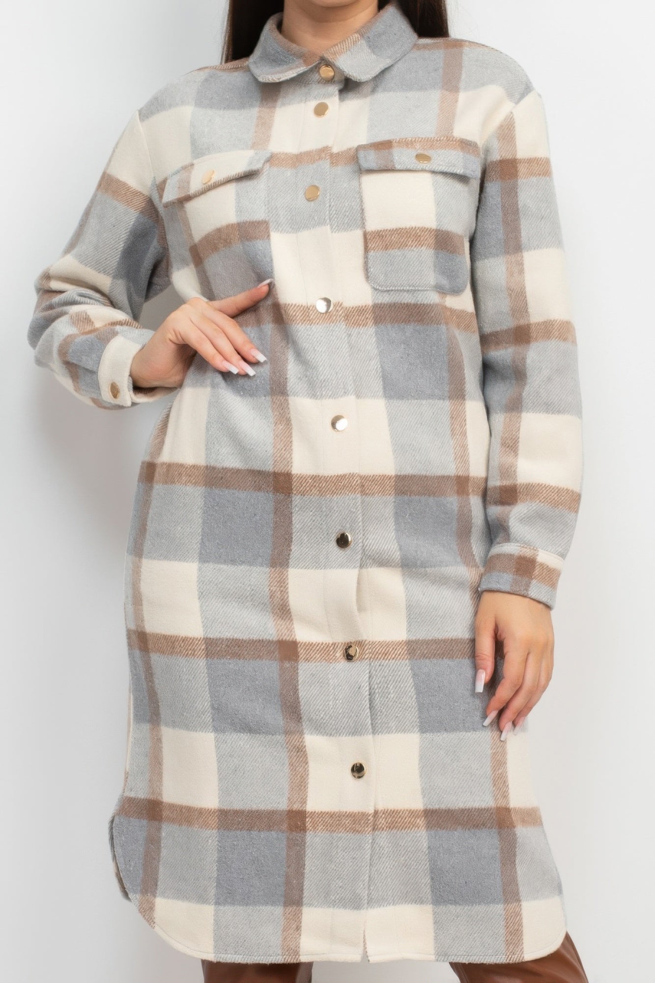 Blue Zone Planet | Plaid Buttoned Shacket Coat-[Adult]-[Female]-2022 Online Blue Zone Planet