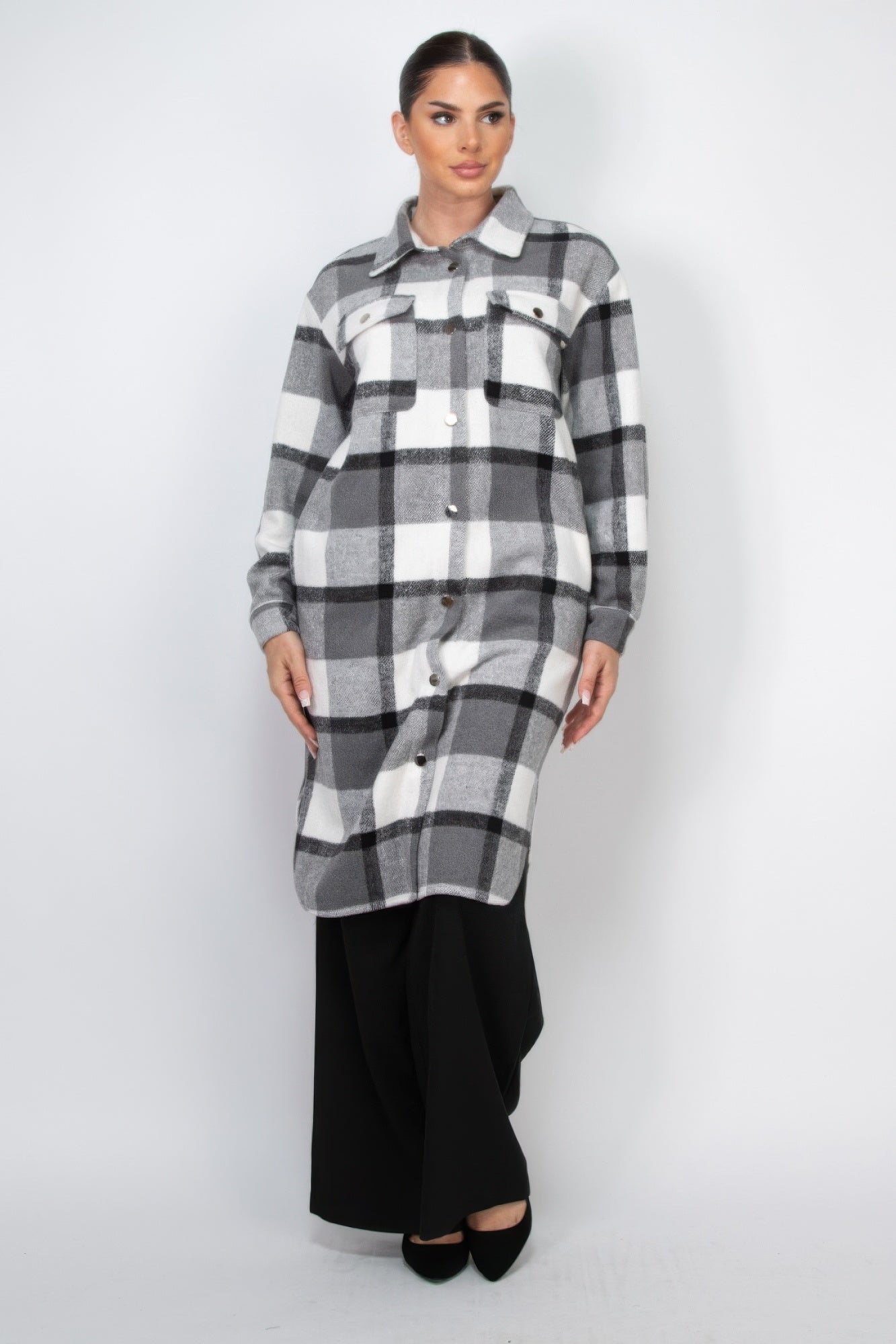 Blue Zone Planet | Plaid Buttoned Shacket Coat-[Adult]-[Female]-2022 Online Blue Zone Planet