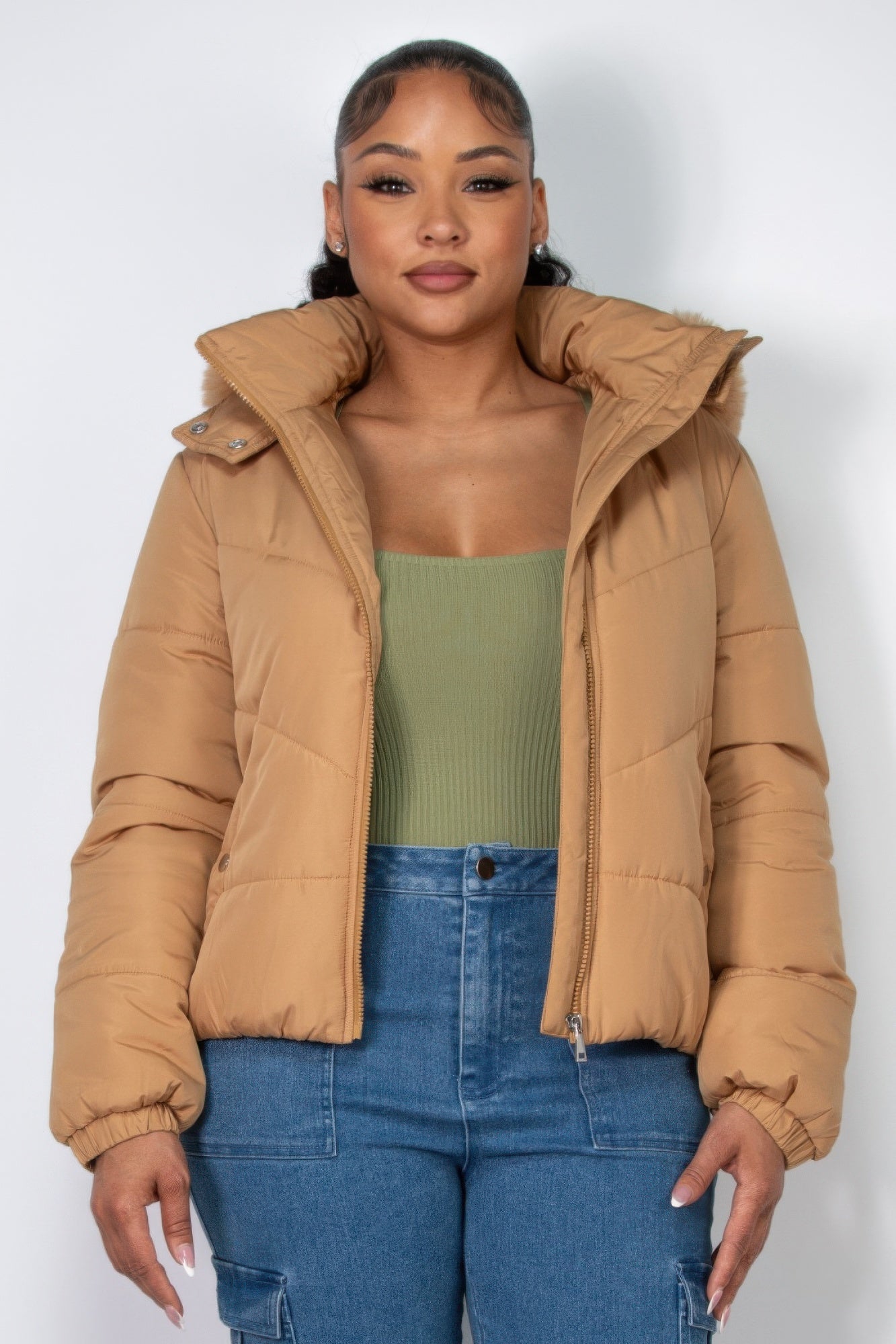 Blue Zone Planet | Insulated Zip-up Faux Fur Hooded Jacket-Tops / Dresses-[Adult]-[Female]-Khaki-S-2022 Online Blue Zone Planet