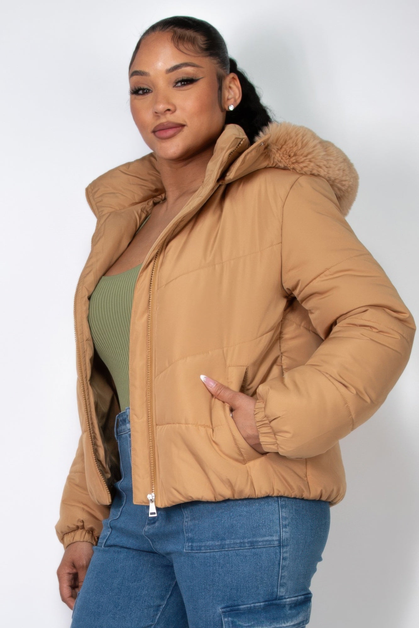 Blue Zone Planet | Insulated Zip-up Faux Fur Hooded Jacket-Tops / Dresses-[Adult]-[Female]-2022 Online Blue Zone Planet