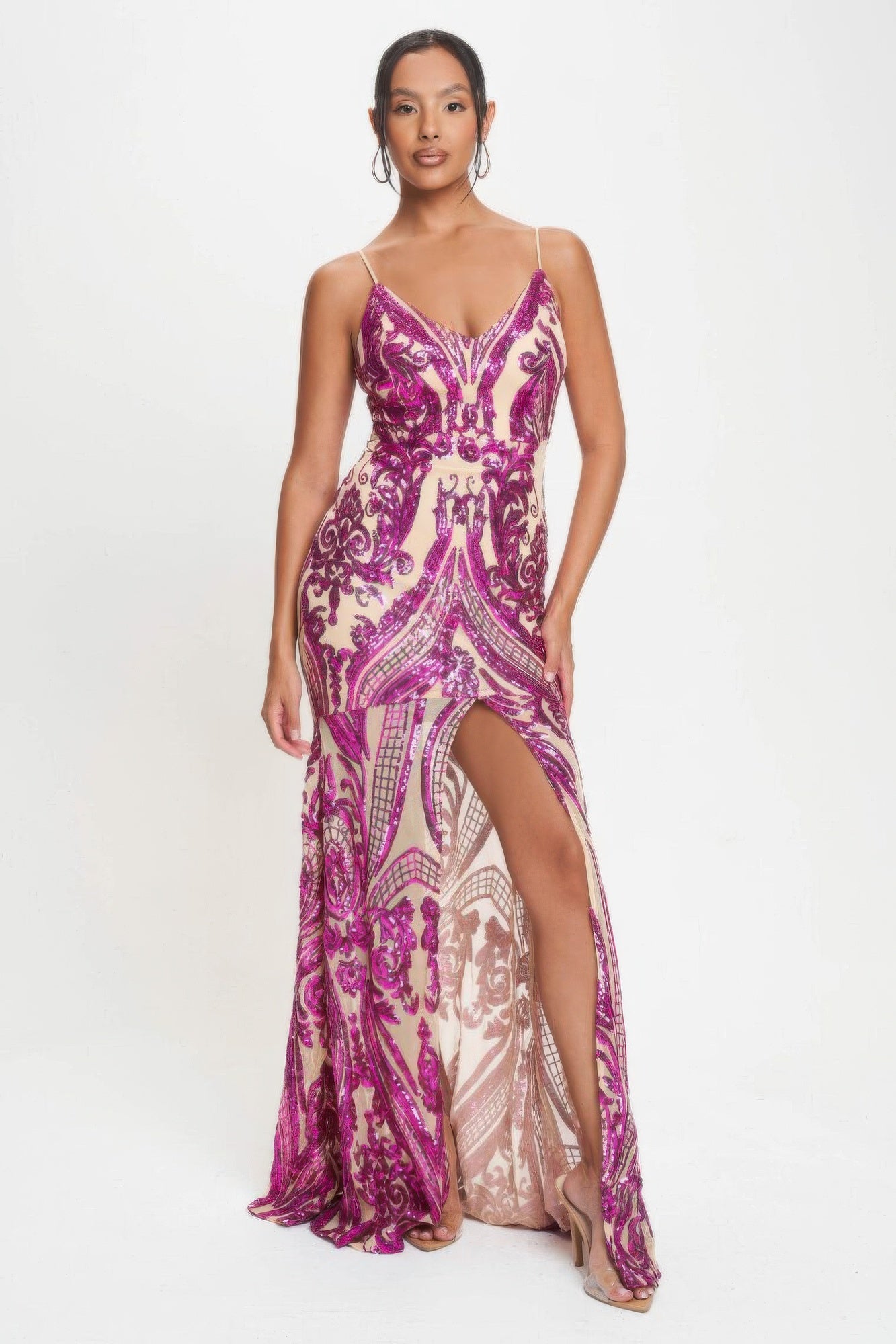 Spaghetti Strap Art Deco Sequins Maxi Dress-TOPS / DRESSES-[Adult]-[Female]-Fuchsia-S-2022 Online Blue Zone Planet