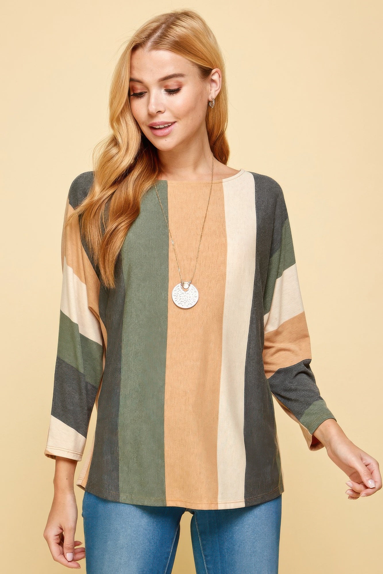 Striped Dolman Sleeves Top-TOPS / DRESSES-[Adult]-[Female]-Olive/Camel-S-2022 Online Blue Zone Planet