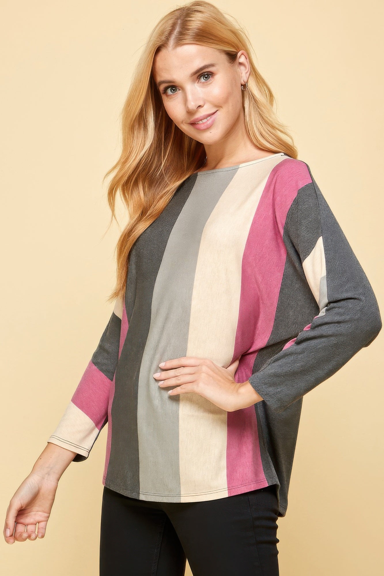 Striped Dolman Sleeves Top-TOPS / DRESSES-[Adult]-[Female]-Magenta/Grey-S-2022 Online Blue Zone Planet