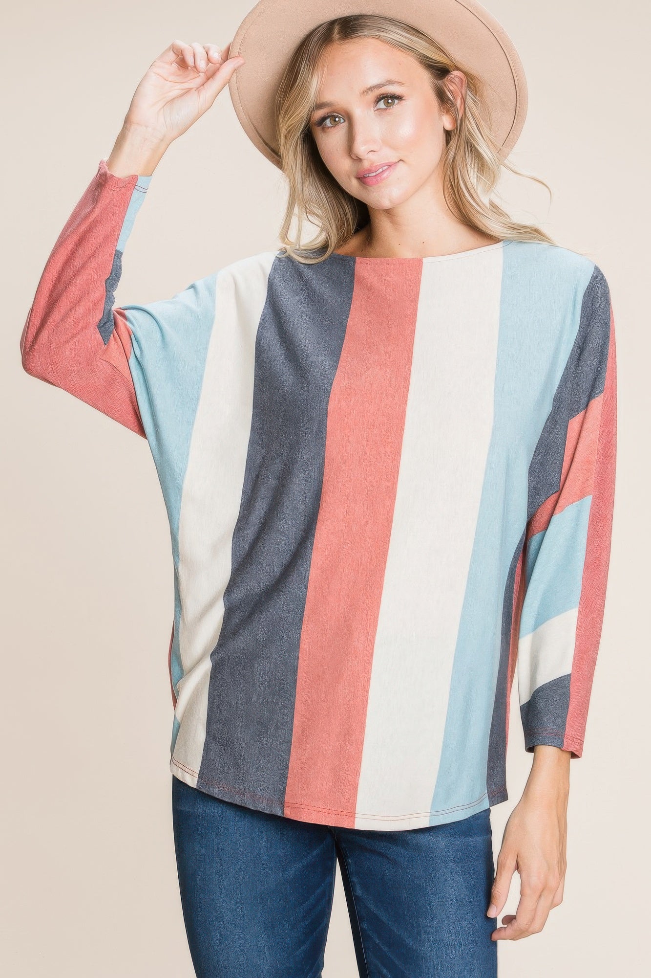 Striped Dolman Sleeves Top-TOPS / DRESSES-[Adult]-[Female]-Rust/Mint-S-2022 Online Blue Zone Planet