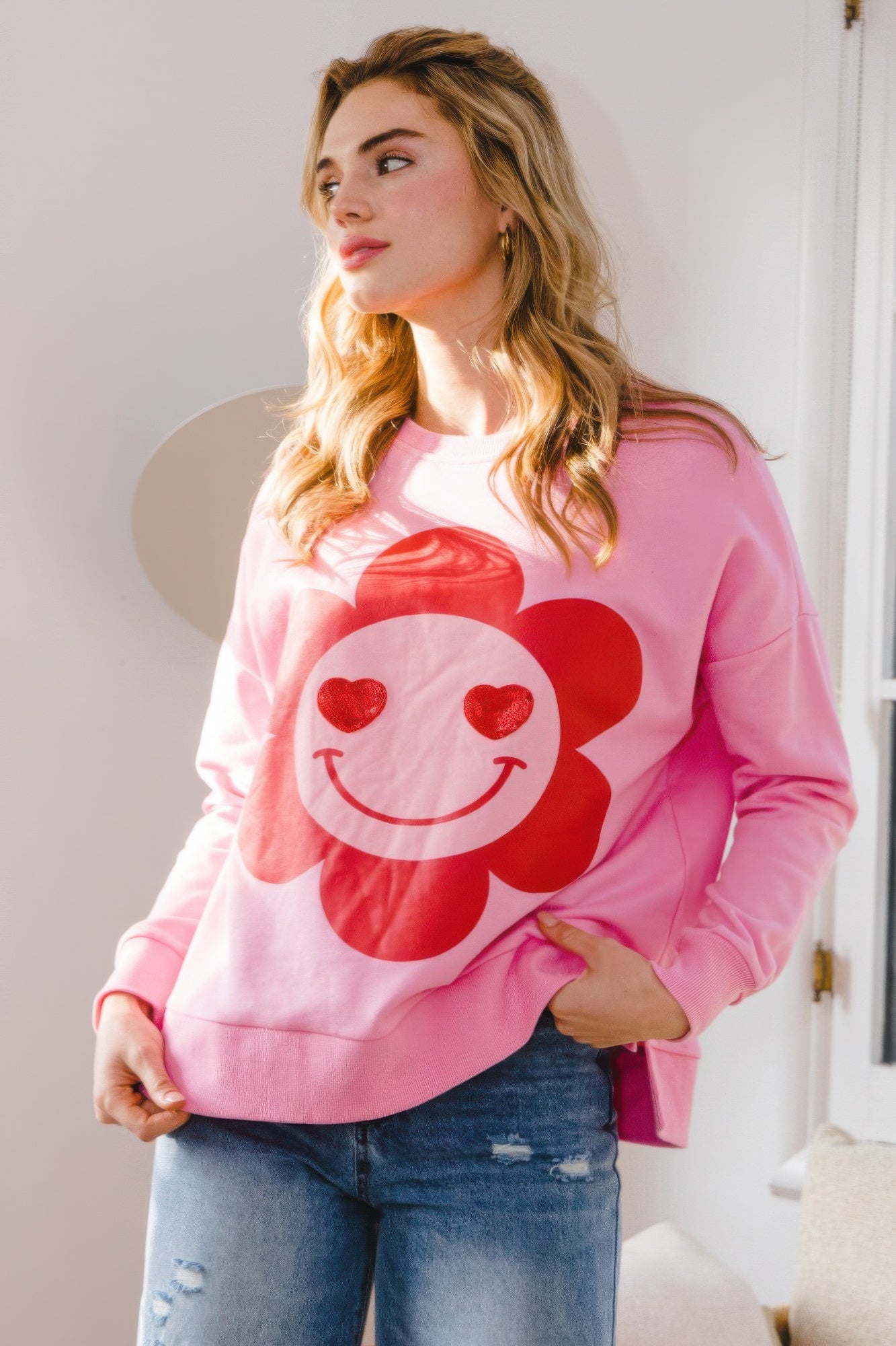 Smiley Flower Oversized Pullover-TOPS / DRESSES-[Adult]-[Female]-Pink-S-2022 Online Blue Zone Planet