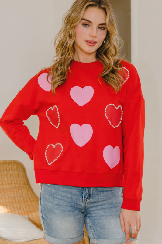 Heart Pattern With Pearl Embellished Sweatshirts-TOPS / DRESSES-[Adult]-[Female]-Red-S-2022 Online Blue Zone Planet