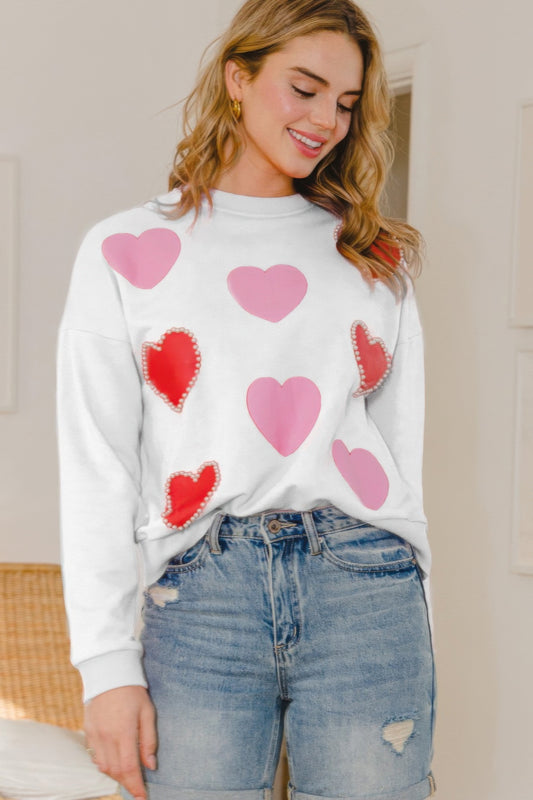 Heart Pattern With Pearl Embellished Sweatshirts-TOPS / DRESSES-[Adult]-[Female]-Off White-S-2022 Online Blue Zone Planet