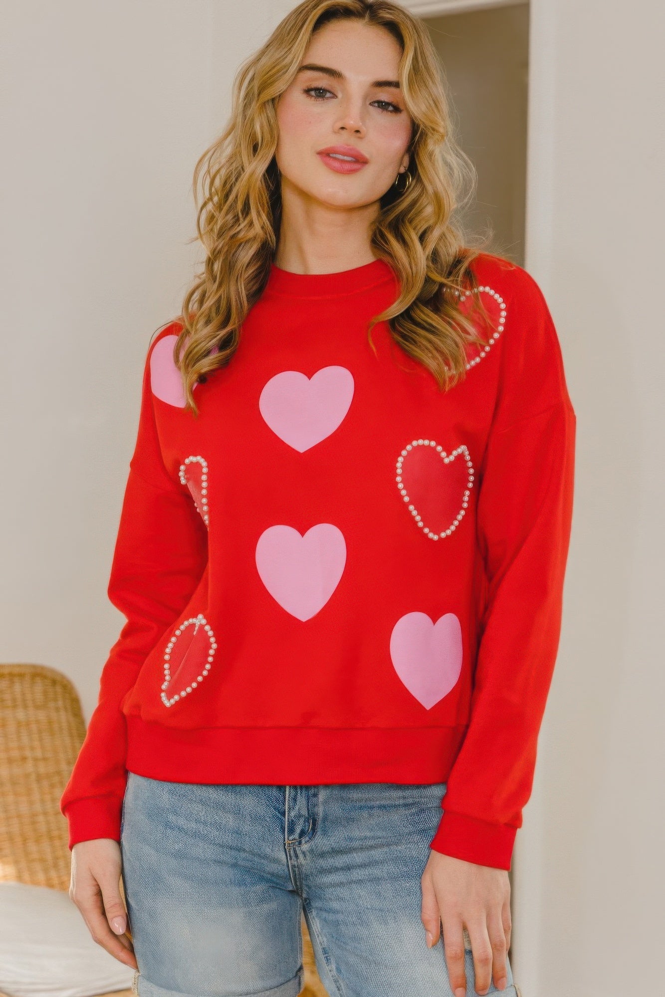 Heart Pattern With Pearl Embellished Sweatshirts-TOPS / DRESSES-[Adult]-[Female]-2022 Online Blue Zone Planet