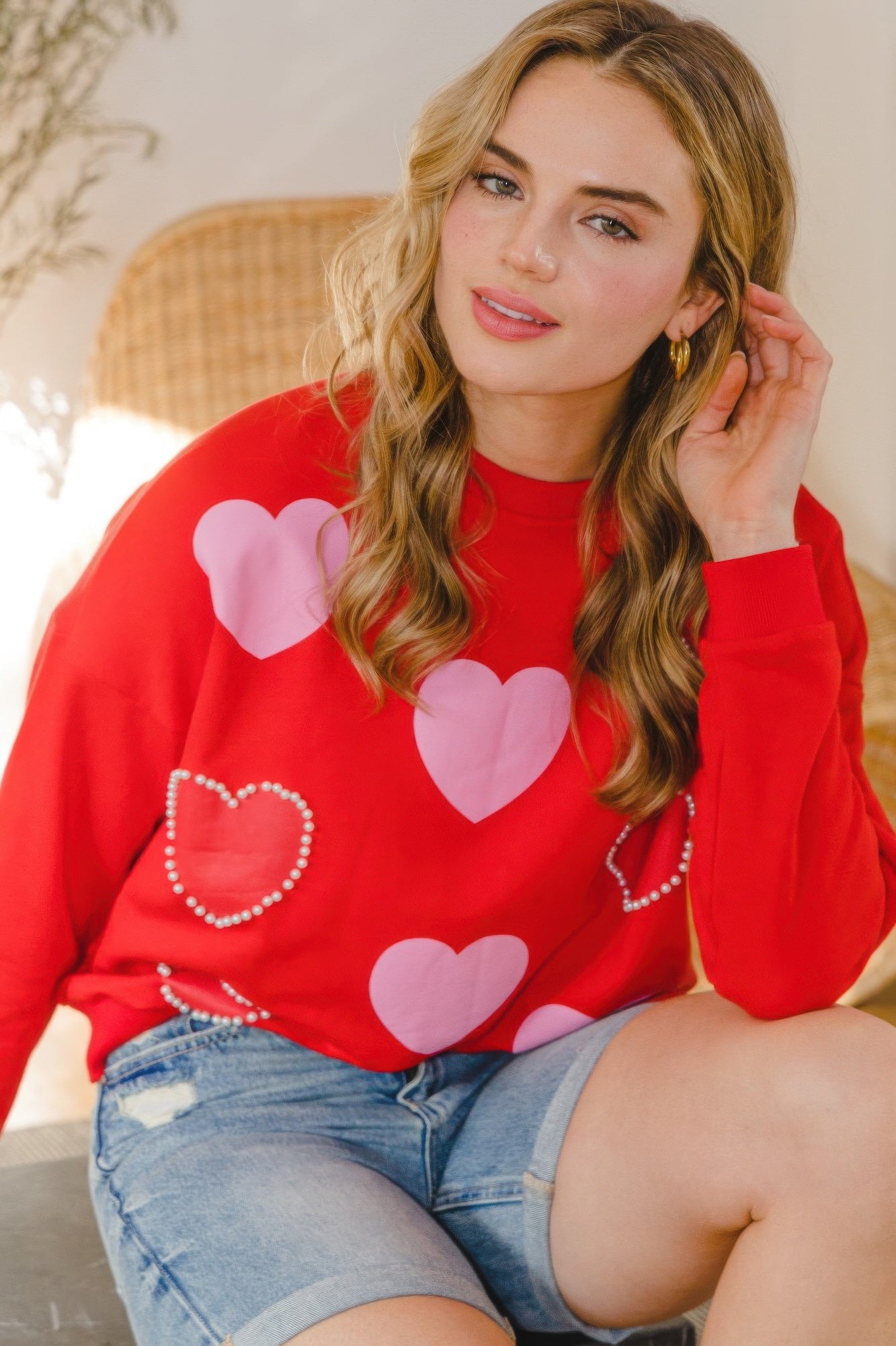 Heart Pattern With Pearl Embellished Sweatshirts-TOPS / DRESSES-[Adult]-[Female]-2022 Online Blue Zone Planet