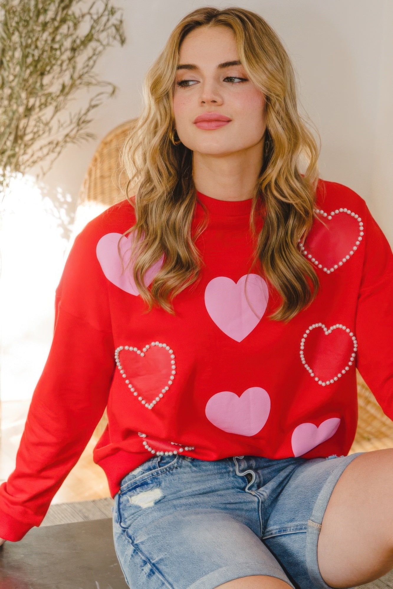 Heart Pattern With Pearl Embellished Sweatshirts-TOPS / DRESSES-[Adult]-[Female]-2022 Online Blue Zone Planet