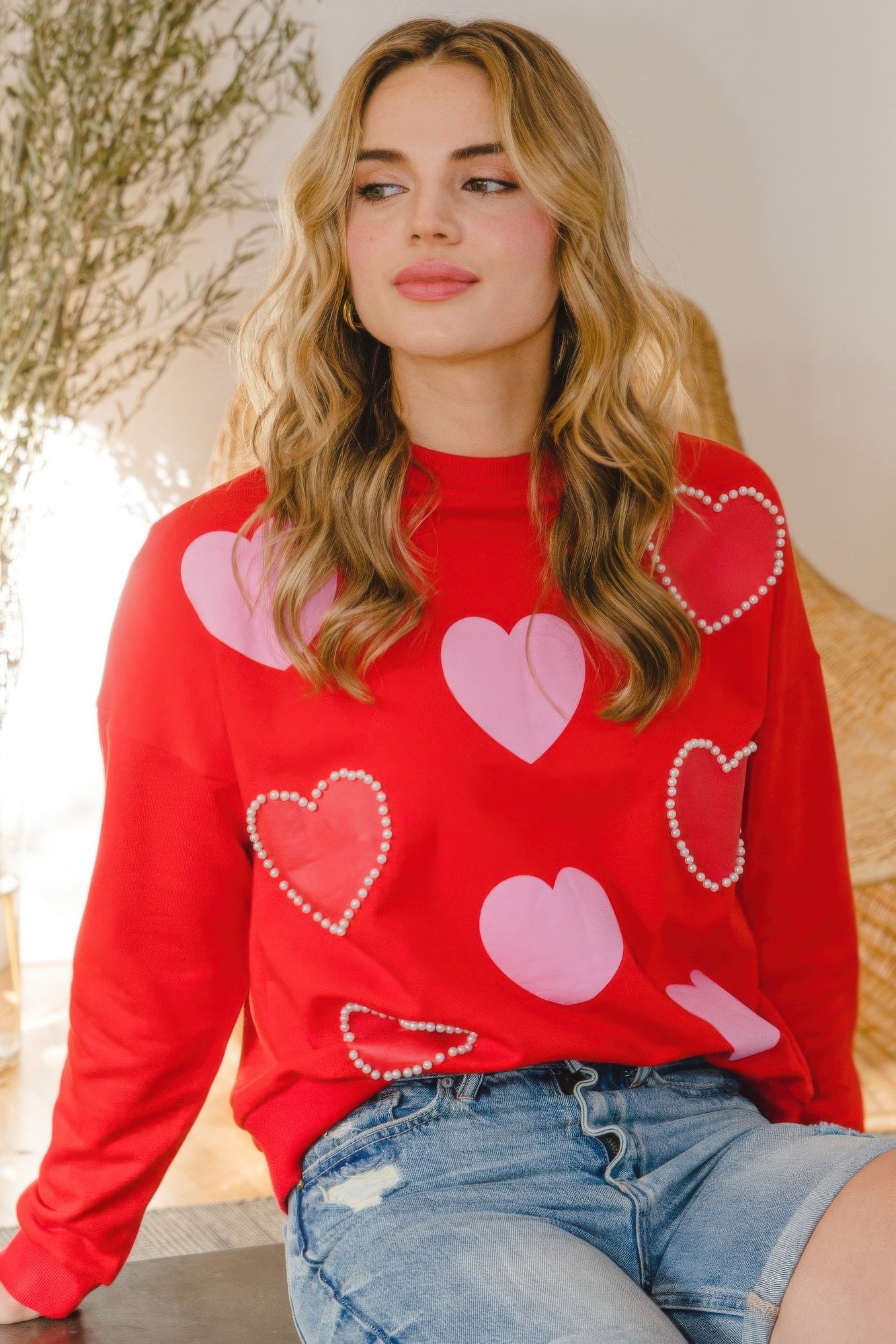 Heart Pattern With Pearl Embellished Sweatshirts-TOPS / DRESSES-[Adult]-[Female]-2022 Online Blue Zone Planet