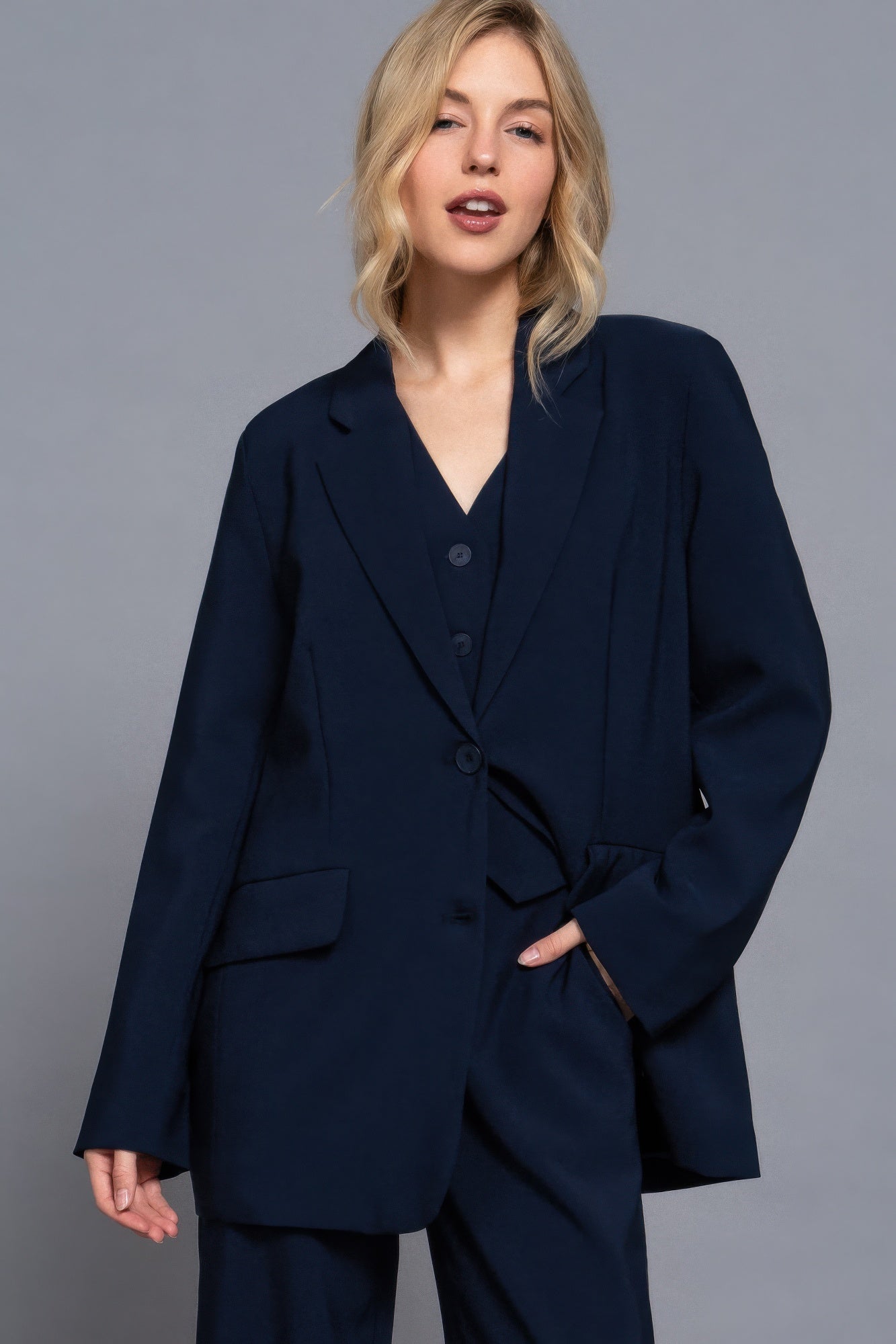 Pam's Long Sleeve Front Button Closure Blazer-TOPS / DRESSES-[Adult]-[Female]-Navy-S-2022 Online Blue Zone Planet