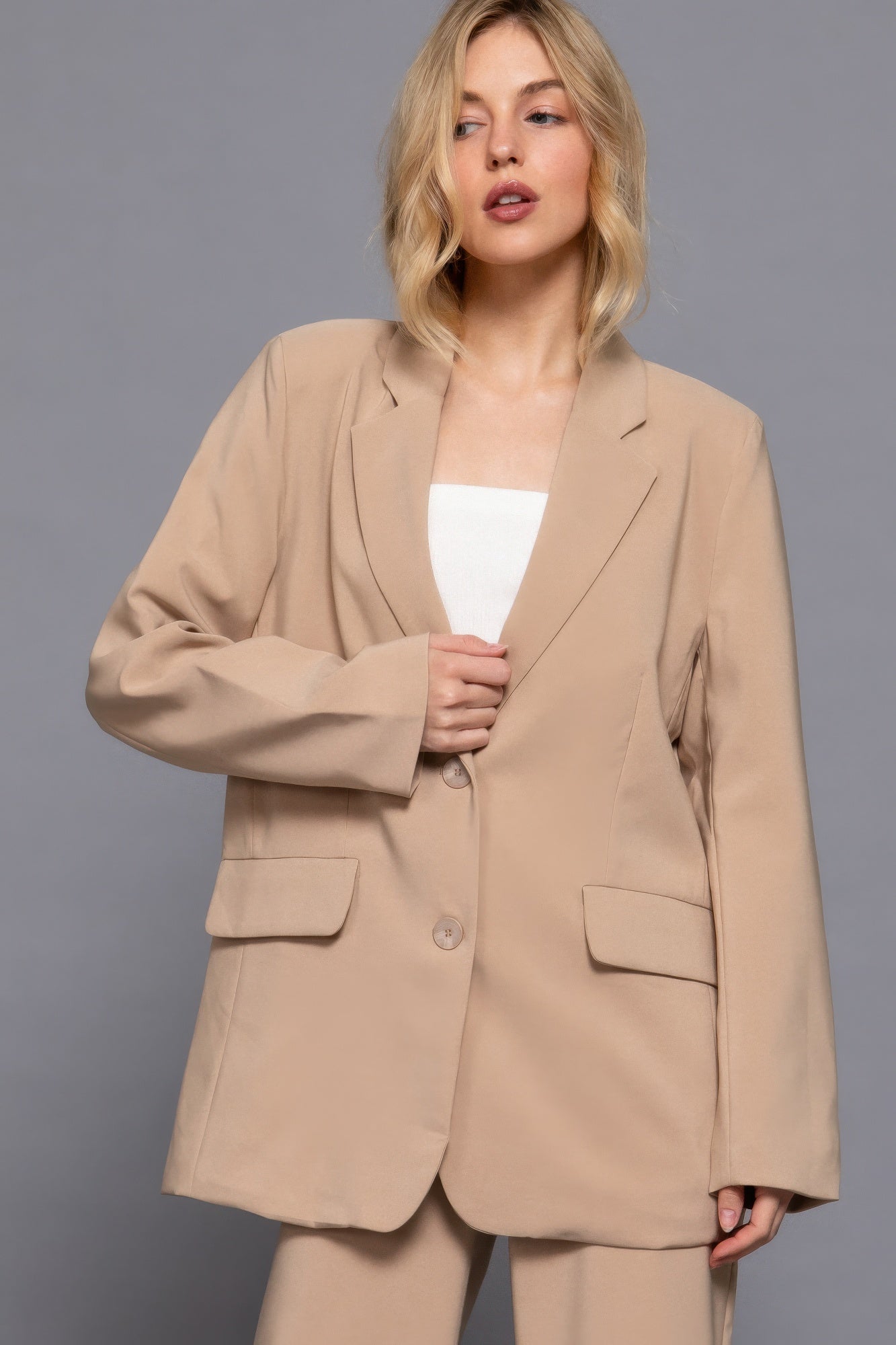 Pam's Long Sleeve Front Button Closure Blazer-TOPS / DRESSES-[Adult]-[Female]-Taupe-S-2022 Online Blue Zone Planet