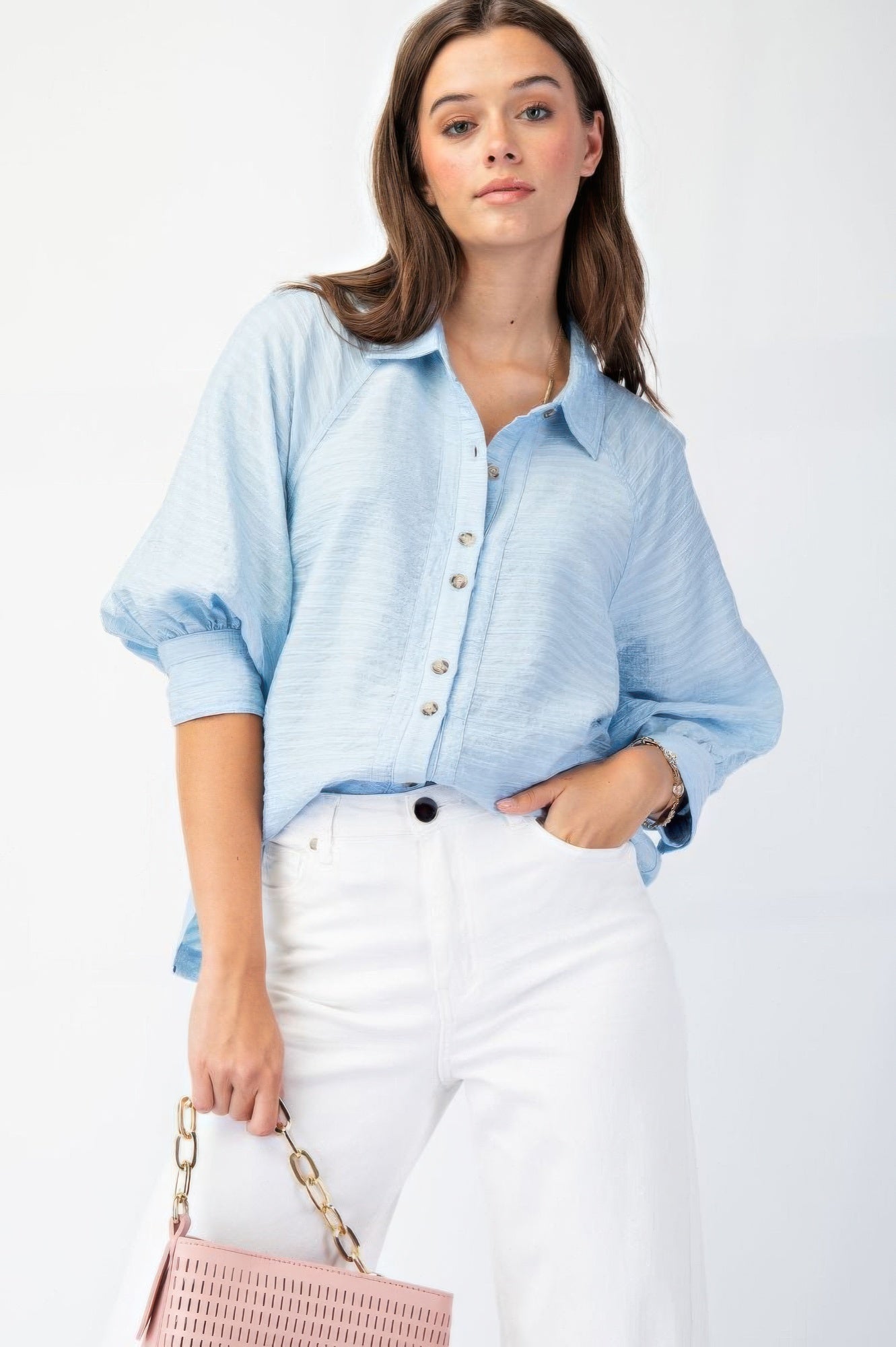 Button down textured woven shirt-TOPS / DRESSES-[Adult]-[Female]-Cielo-S-2022 Online Blue Zone Planet