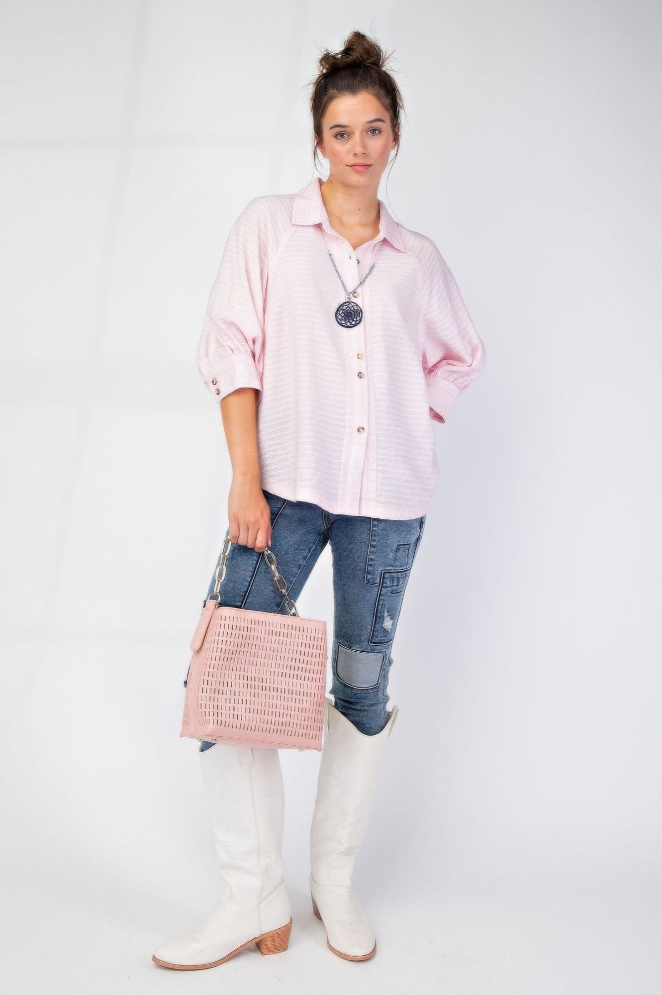 Button down textured woven shirt-TOPS / DRESSES-[Adult]-[Female]-2022 Online Blue Zone Planet