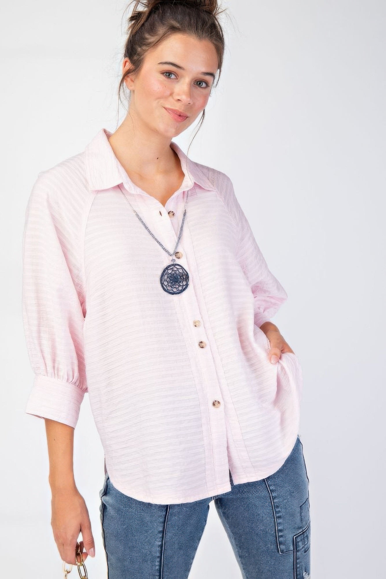 Button down textured woven shirt-TOPS / DRESSES-[Adult]-[Female]-2022 Online Blue Zone Planet