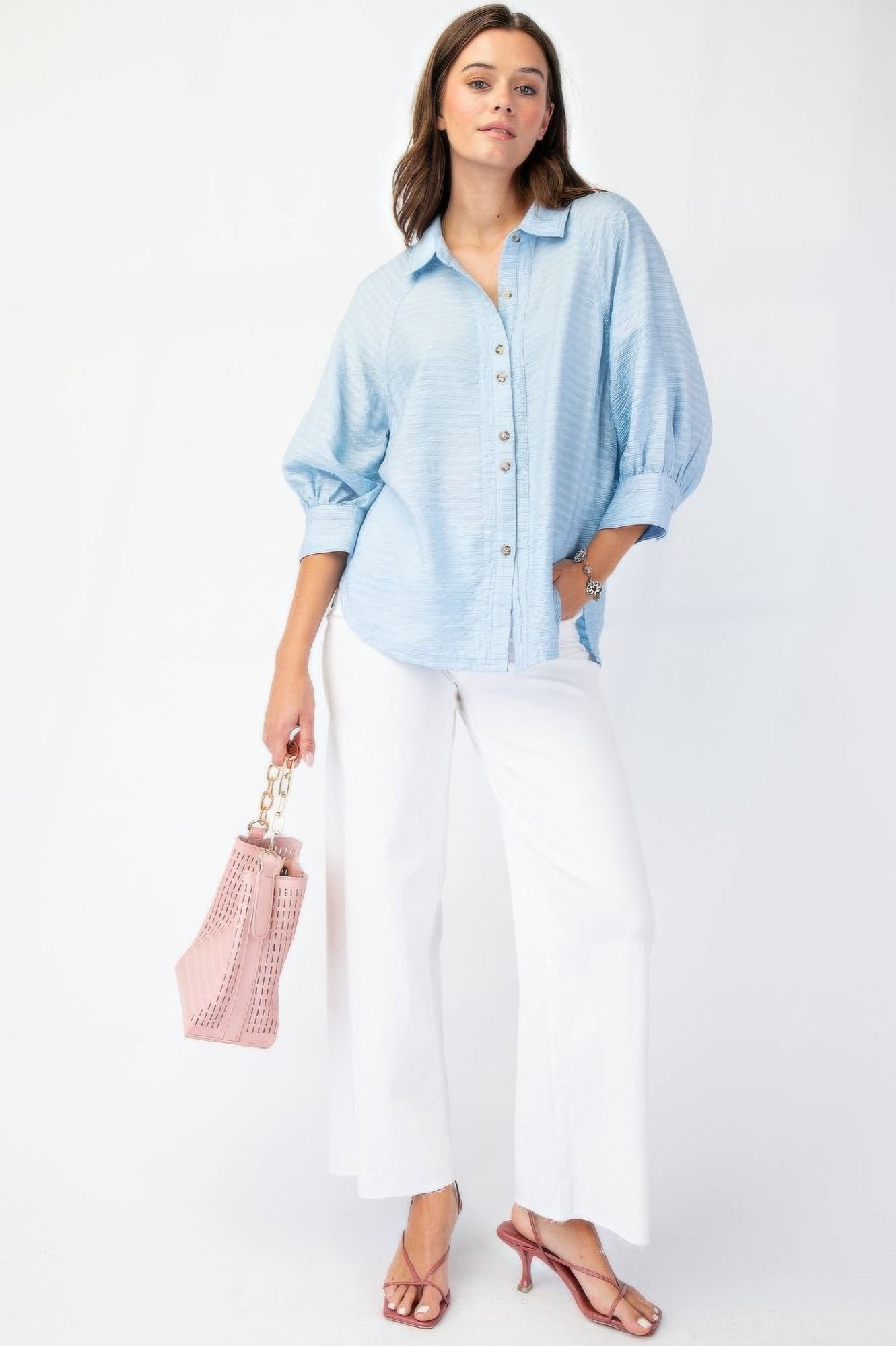 Button down textured woven shirt-TOPS / DRESSES-[Adult]-[Female]-2022 Online Blue Zone Planet