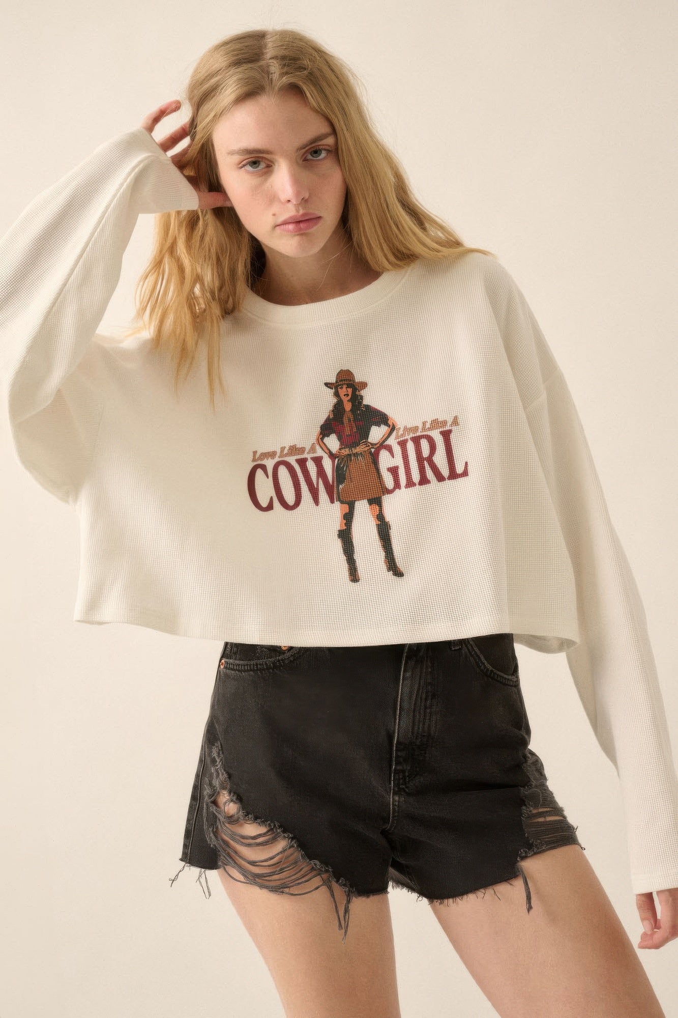 Love like a cowgirl thermal graphic sweatshirt-[Adult]-[Female]-S-2022 Online Blue Zone Planet