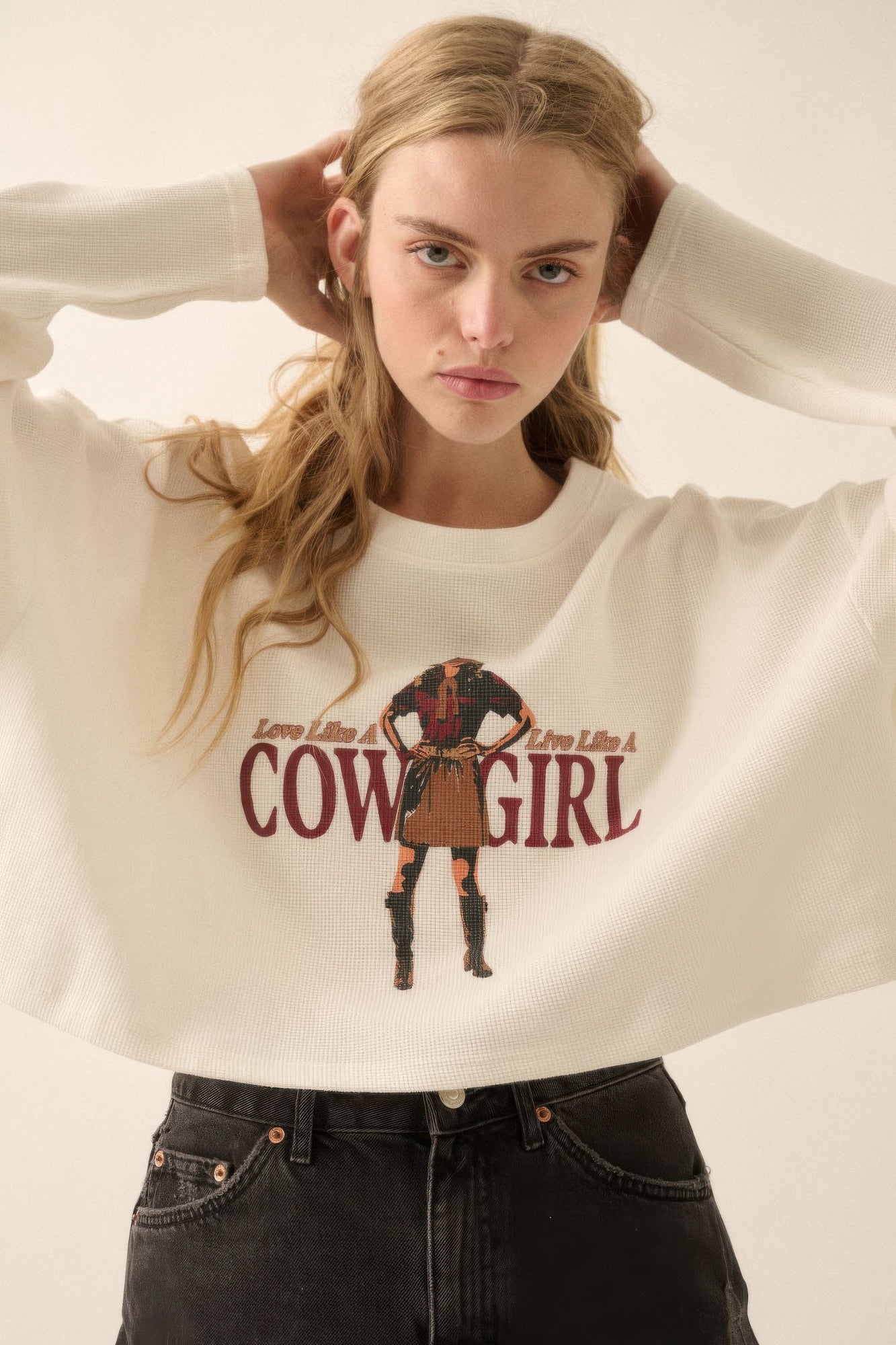 Love like a cowgirl thermal graphic sweatshirt-[Adult]-[Female]-2022 Online Blue Zone Planet