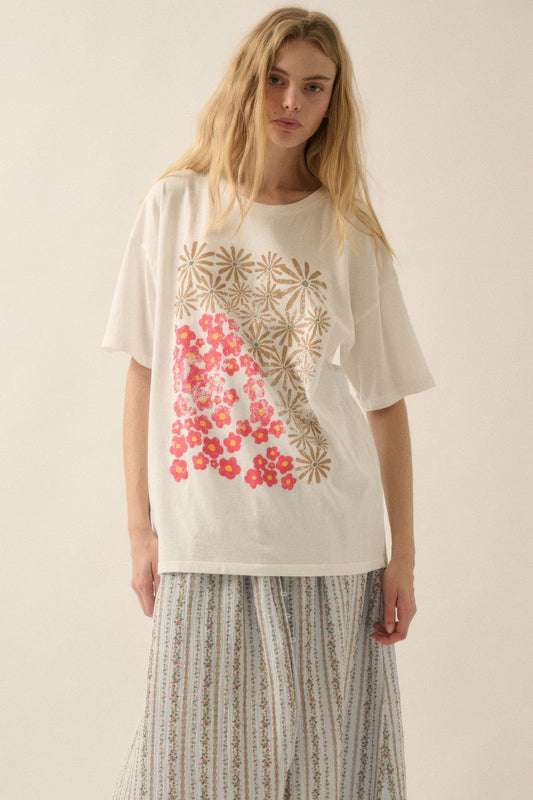 Duo flowers vintage-wash oversized graphic tee-[Adult]-[Female]-S-2022 Online Blue Zone Planet