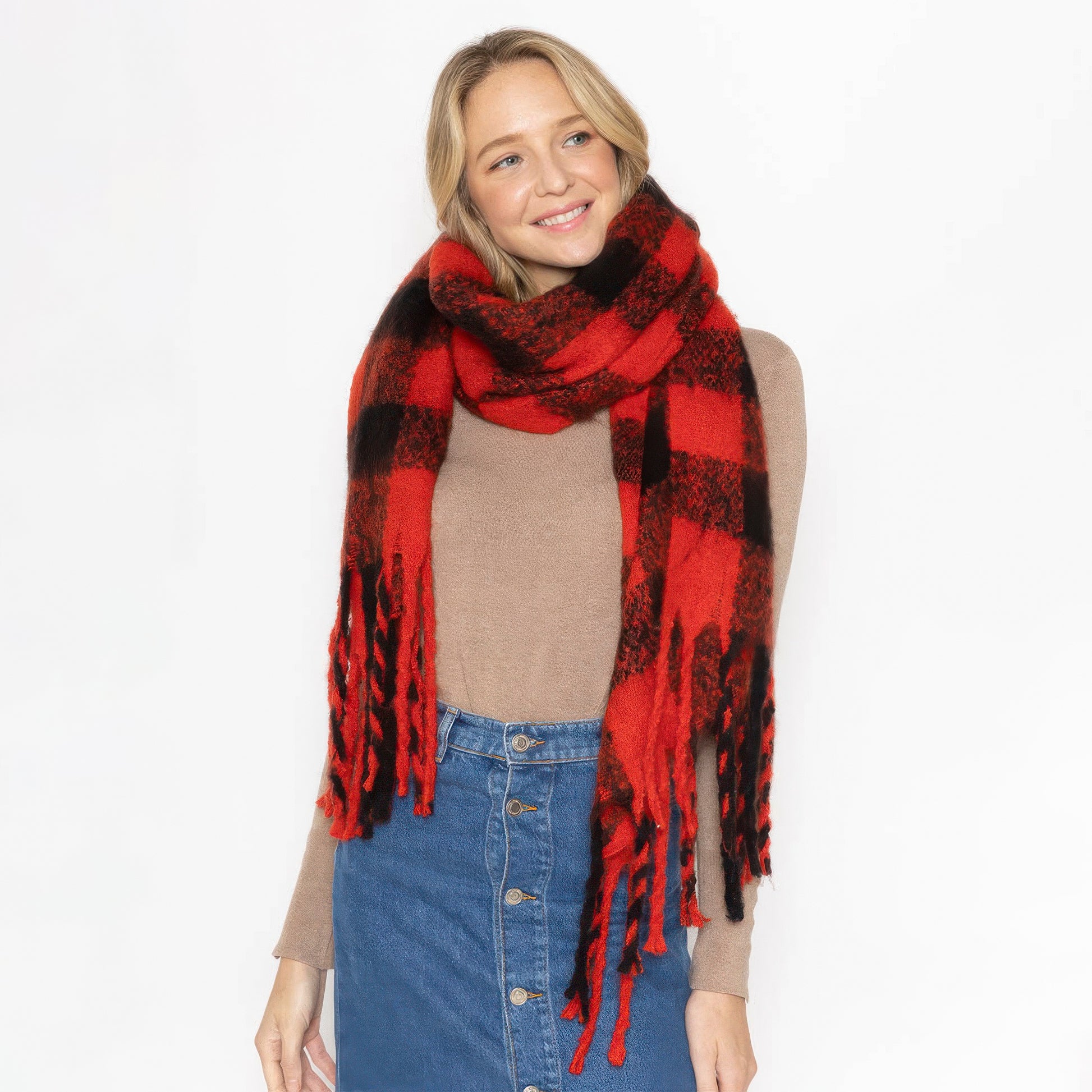 Buffalo Plaid Scarf-[Adult]-[Female]-Red-2022 Online Blue Zone Planet