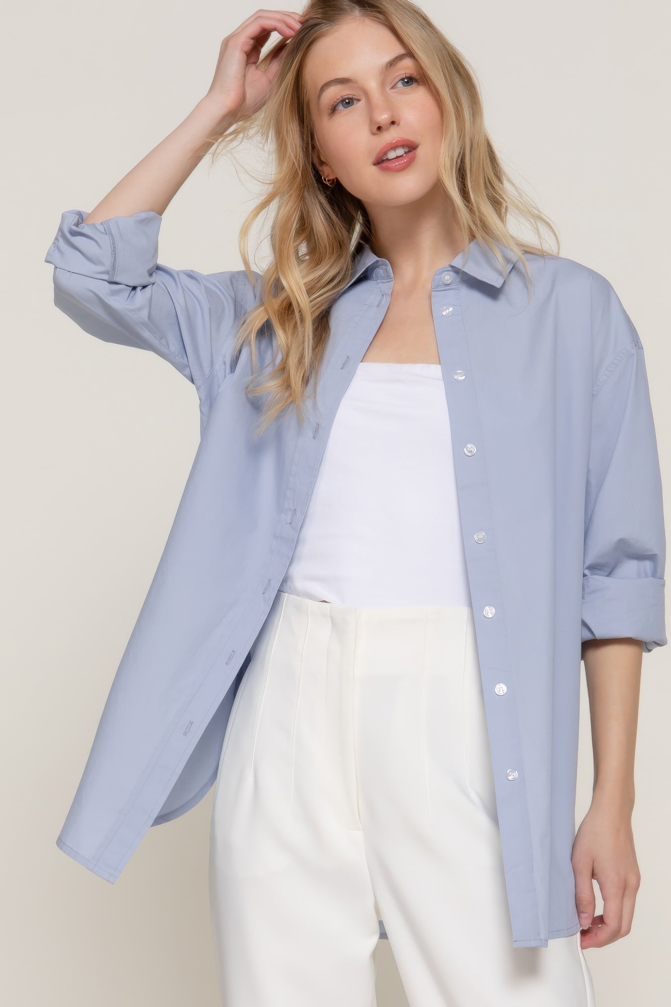 Long Sleeve Loose Fit Shirt-[Adult]-[Female]-Light Blue-S-2022 Online Blue Zone Planet