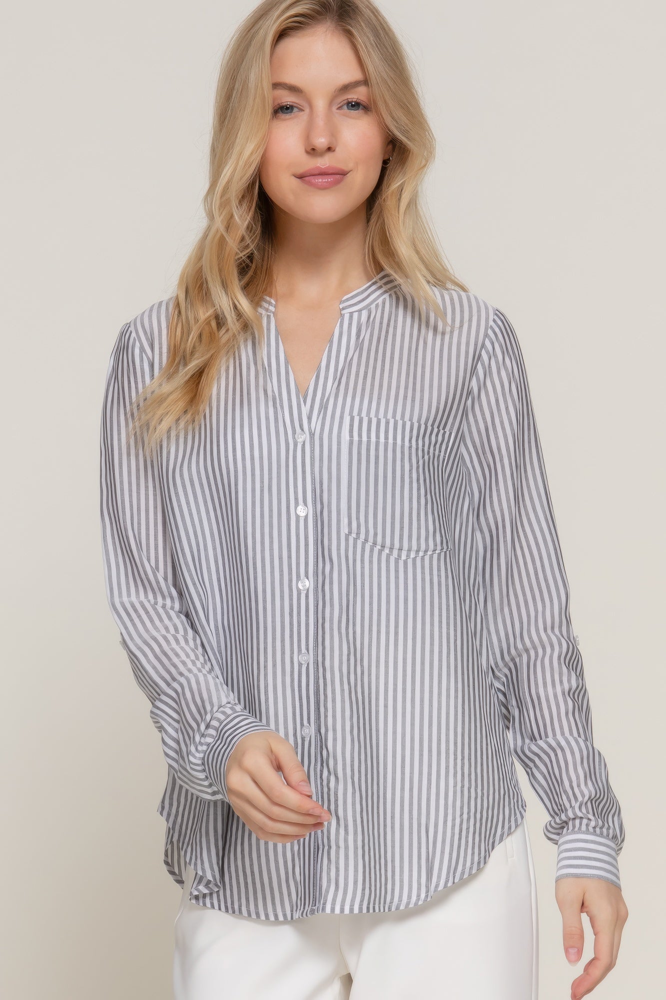 Long Slv Split Round Neck Stripe Woven Shirt-[Adult]-[Female]-Black-S-2022 Online Blue Zone Planet