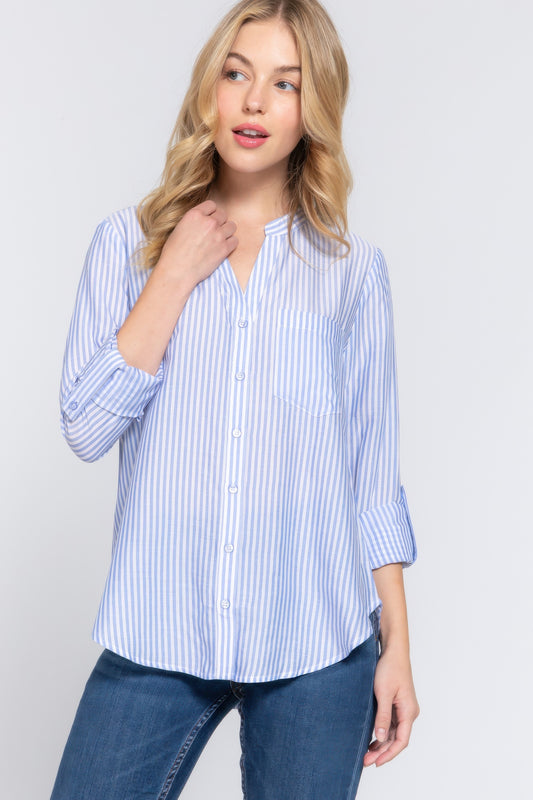 Long Slv Split Round Neck Stripe Woven Shirt-[Adult]-[Female]-2022 Online Blue Zone Planet