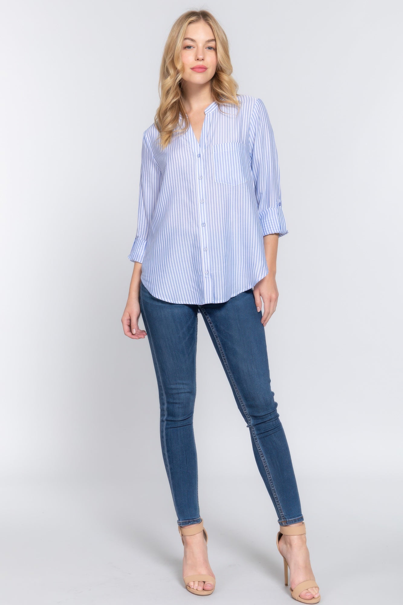 Long Slv Split Round Neck Stripe Woven Shirt-[Adult]-[Female]-2022 Online Blue Zone Planet