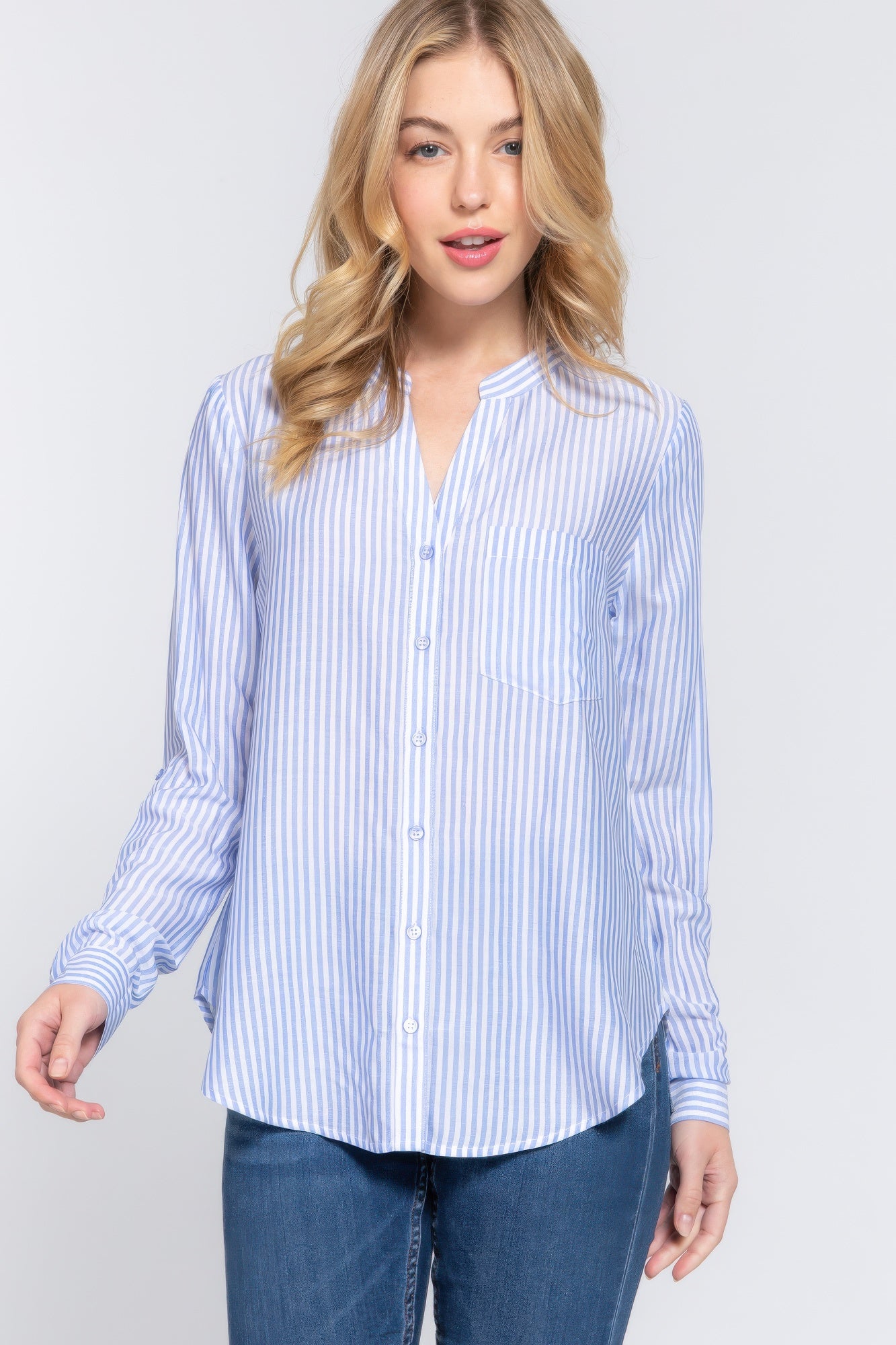 Long Slv Split Round Neck Stripe Woven Shirt-[Adult]-[Female]-2022 Online Blue Zone Planet