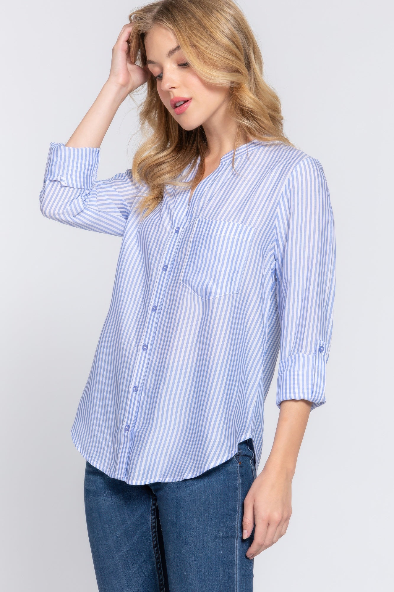 Long Slv Split Round Neck Stripe Woven Shirt-[Adult]-[Female]-2022 Online Blue Zone Planet