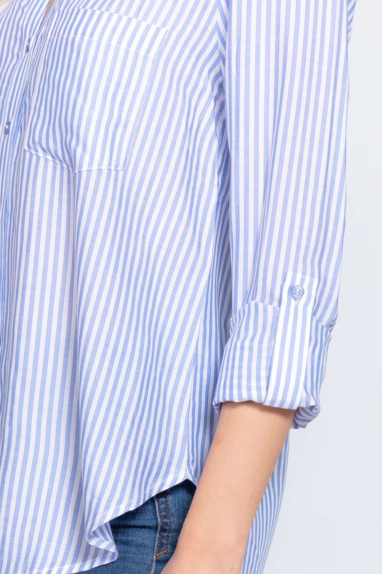 Long Slv Split Round Neck Stripe Woven Shirt-[Adult]-[Female]-Blue-S-2022 Online Blue Zone Planet